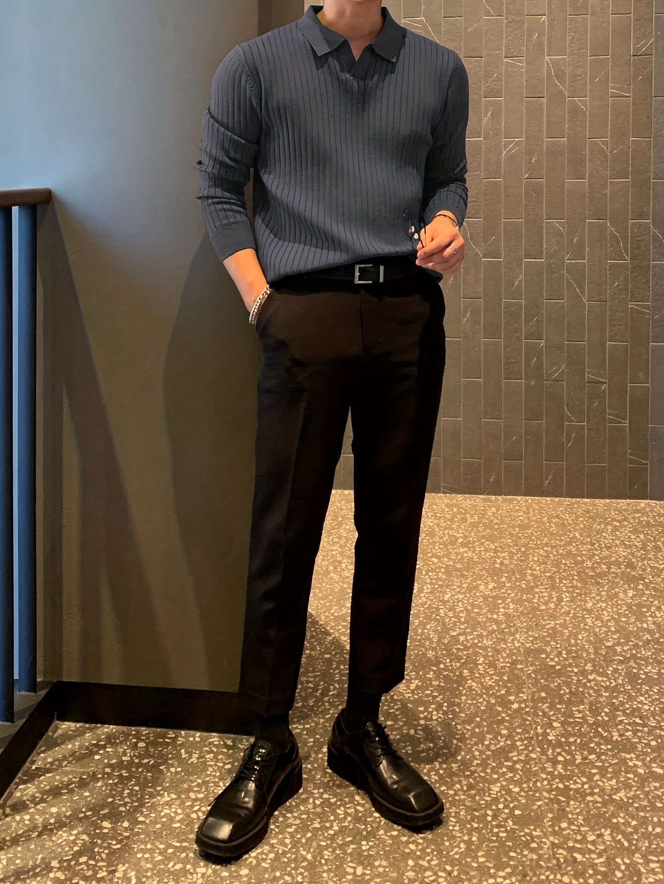 chic knit shirt mens casual stylish lapel middle stretch v neck pullover sweater for winter autumn details 17