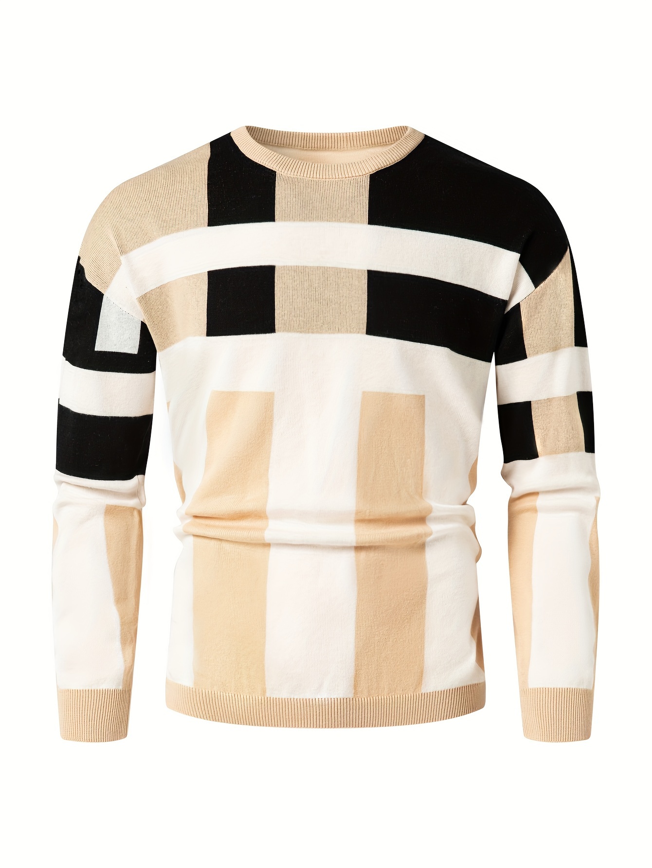 mens color block round neck sweater trendy stretch warm pullover for winter outdoor details 6