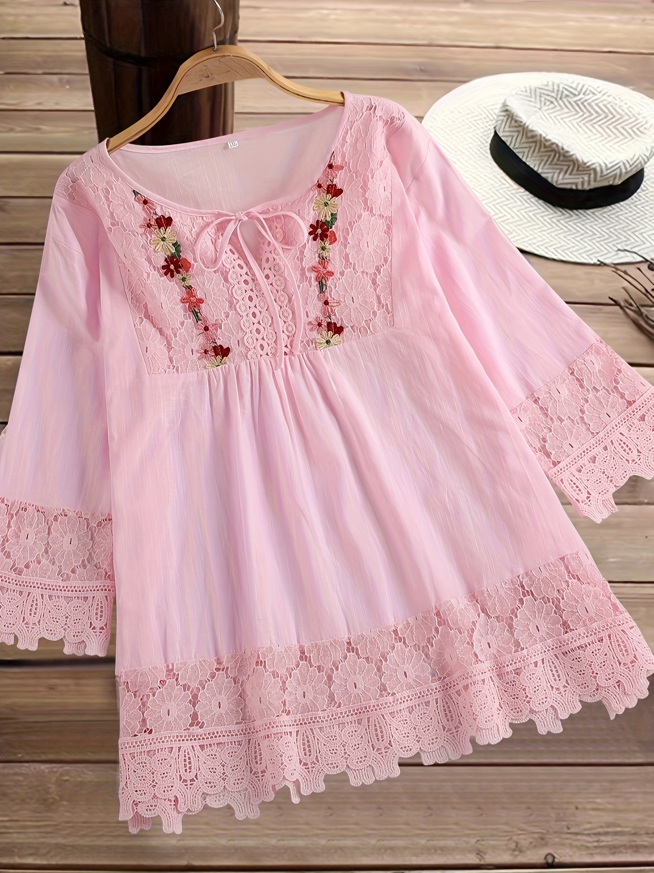 plus size elegant blouse womens plus floral appliques contrast guipure lace short sleeve tie neck top details 3