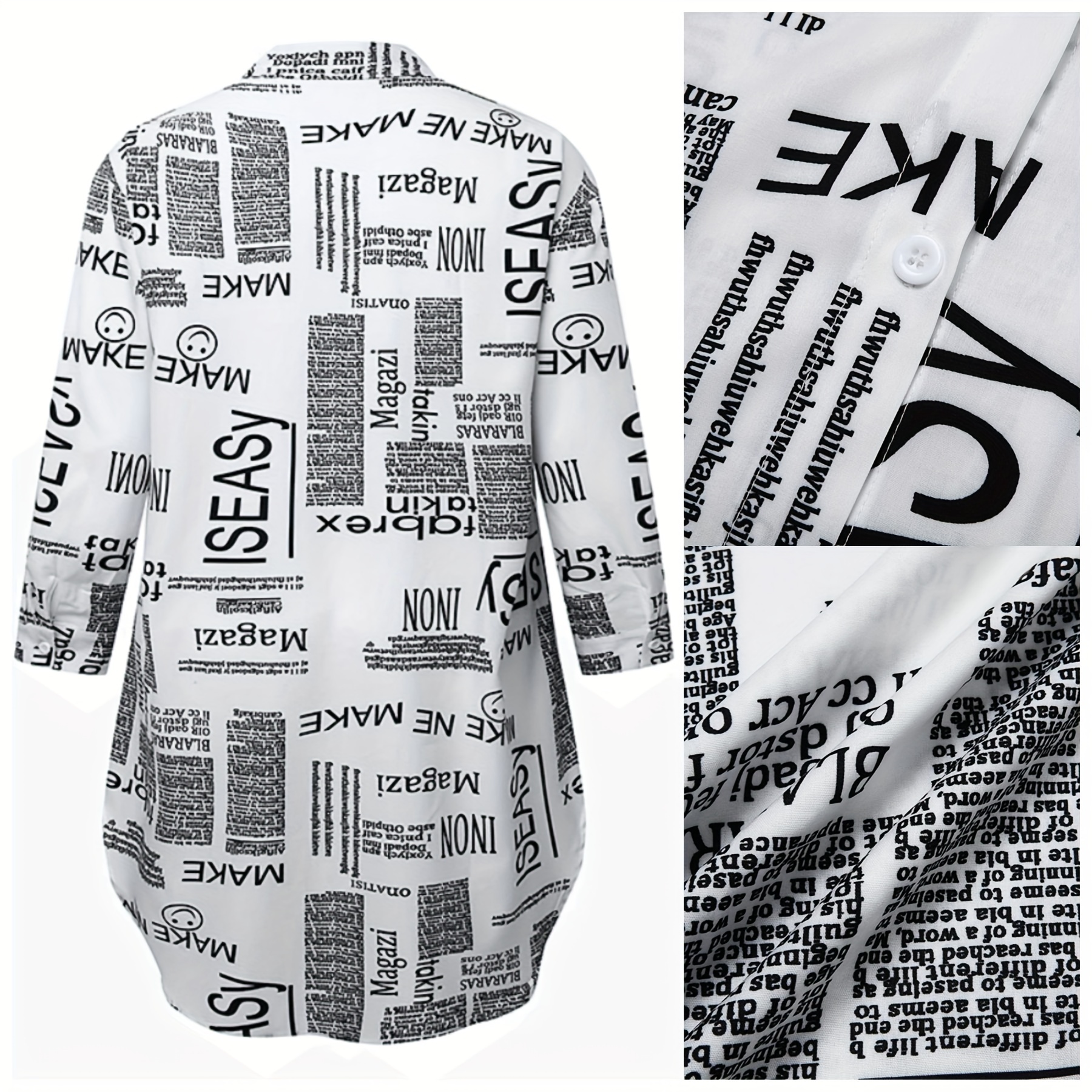 plus size casual blouse womens plus allover letter print button up long sleeve turn down collar blouse details 2