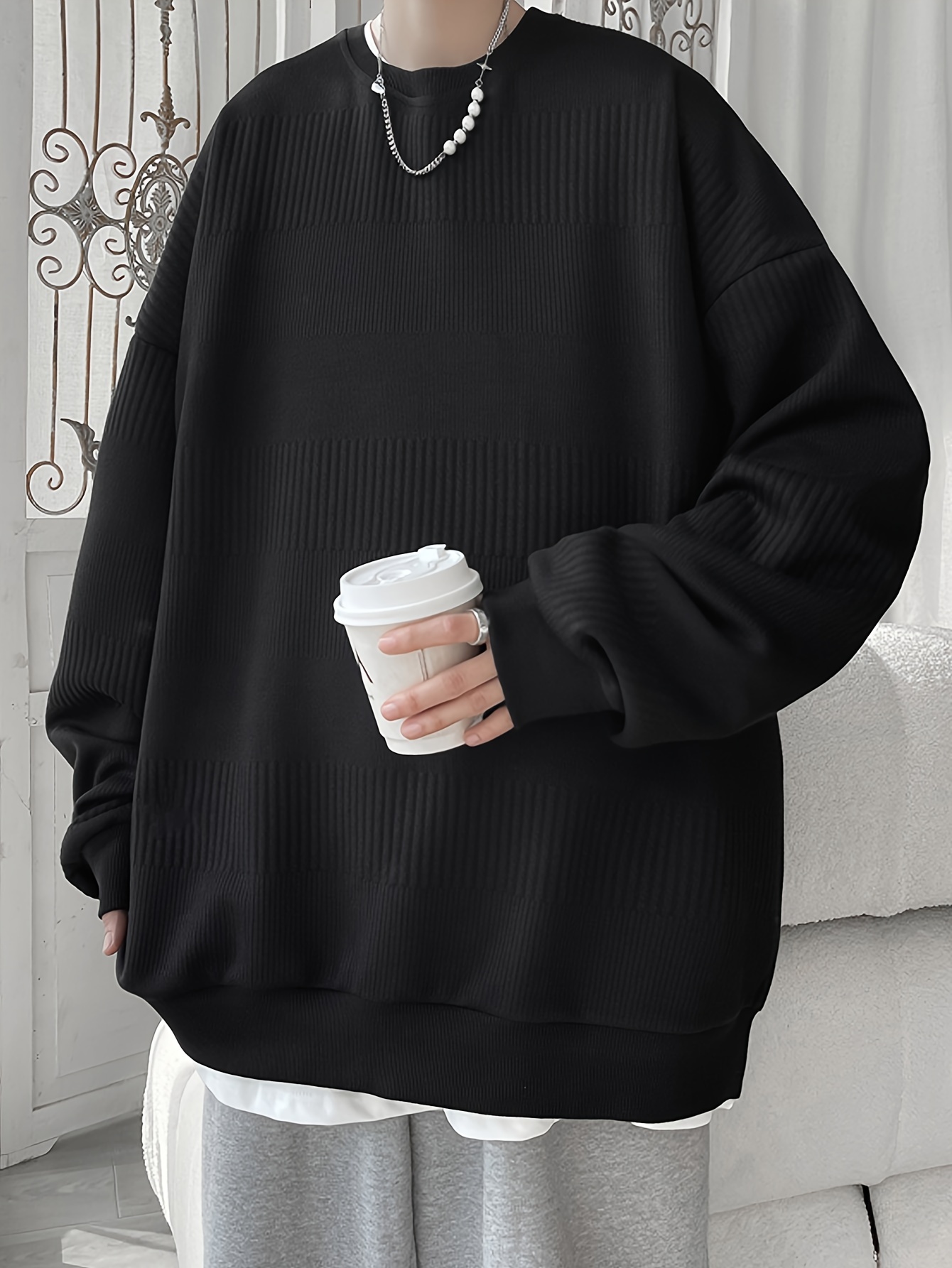 mens solid knitted pullover casual breathable long sleeve crew neck top for outdoor activities details 6