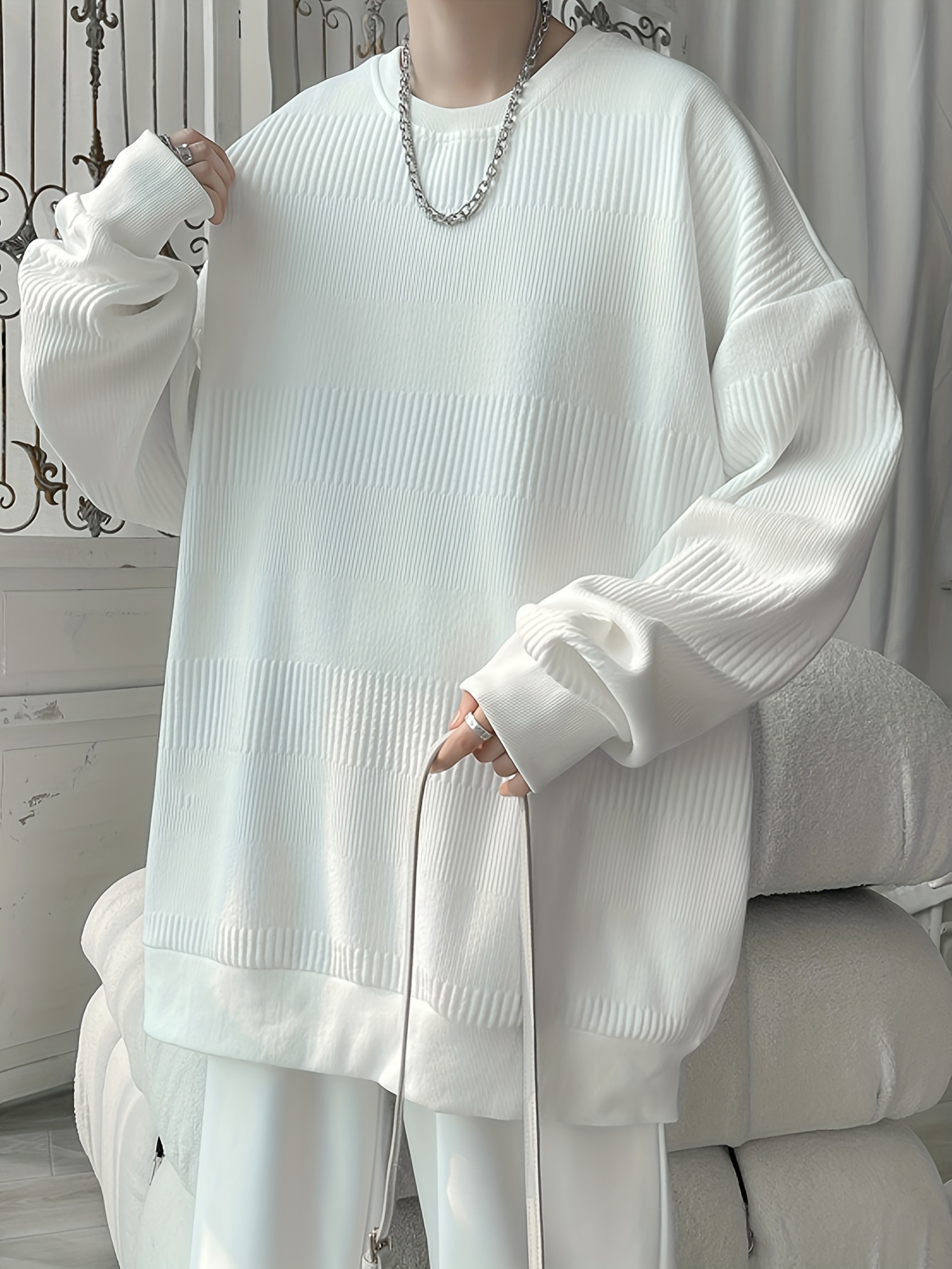 mens solid knitted pullover casual breathable long sleeve crew neck top for outdoor activities details 3