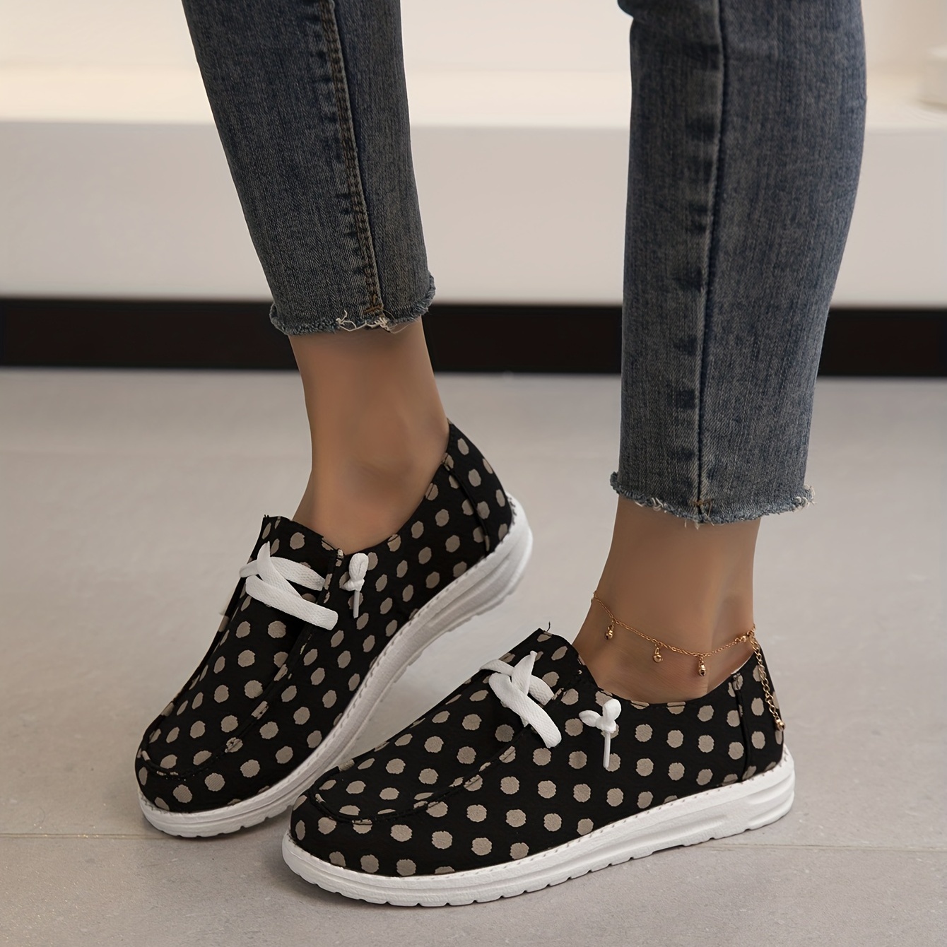 pattern canvas shoes women s brown polka dot casual lace details 2