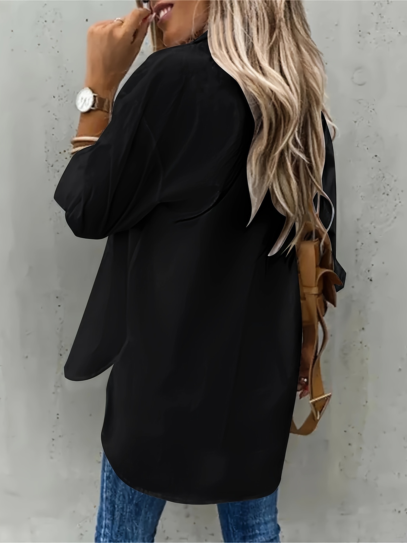 plus size casual blouse womens plus solid long sleeve lapel collar button up shirt top with flap pockets details 14