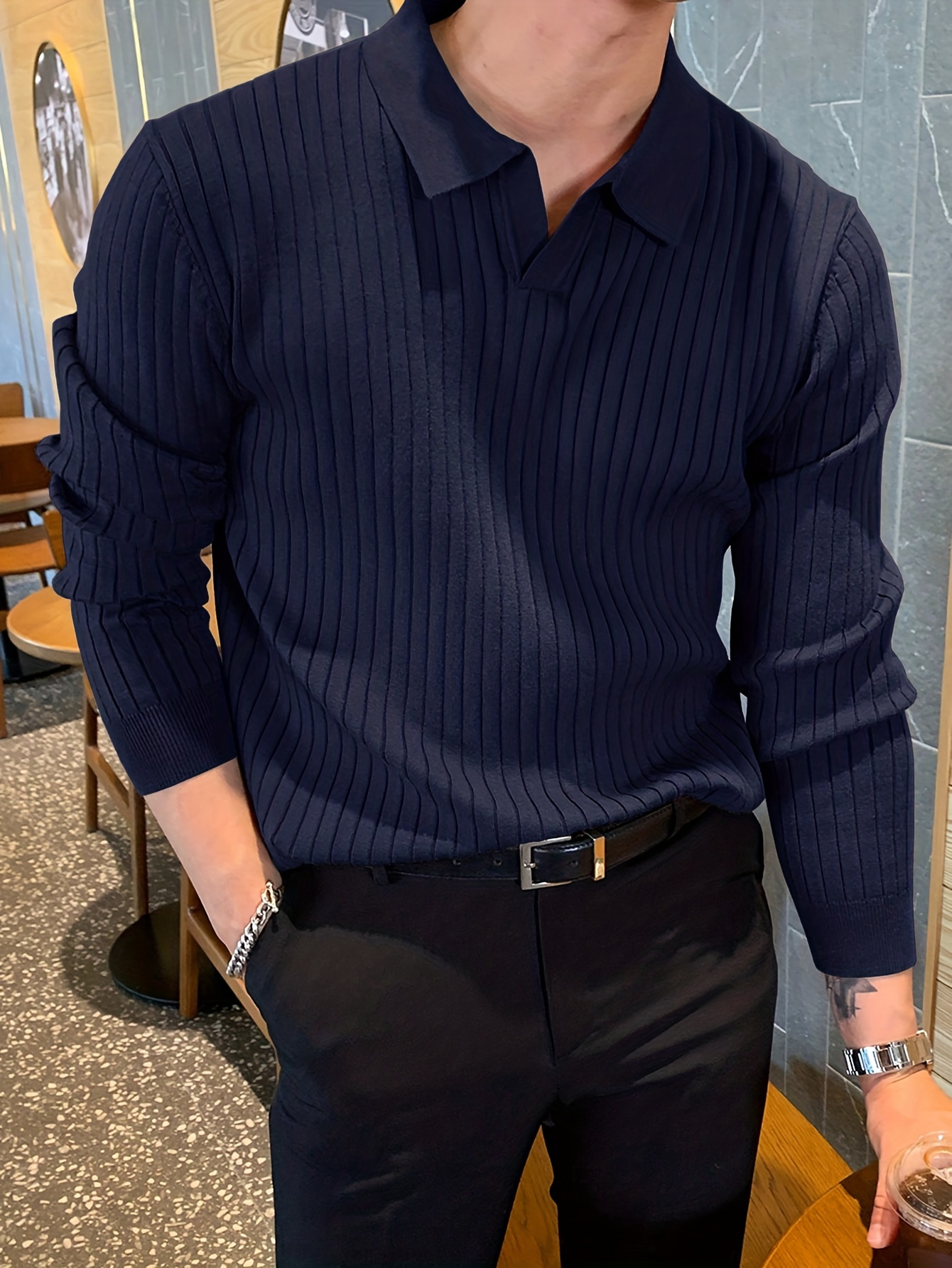 chic knit shirt mens casual stylish lapel middle stretch v neck pullover sweater for winter autumn details 7