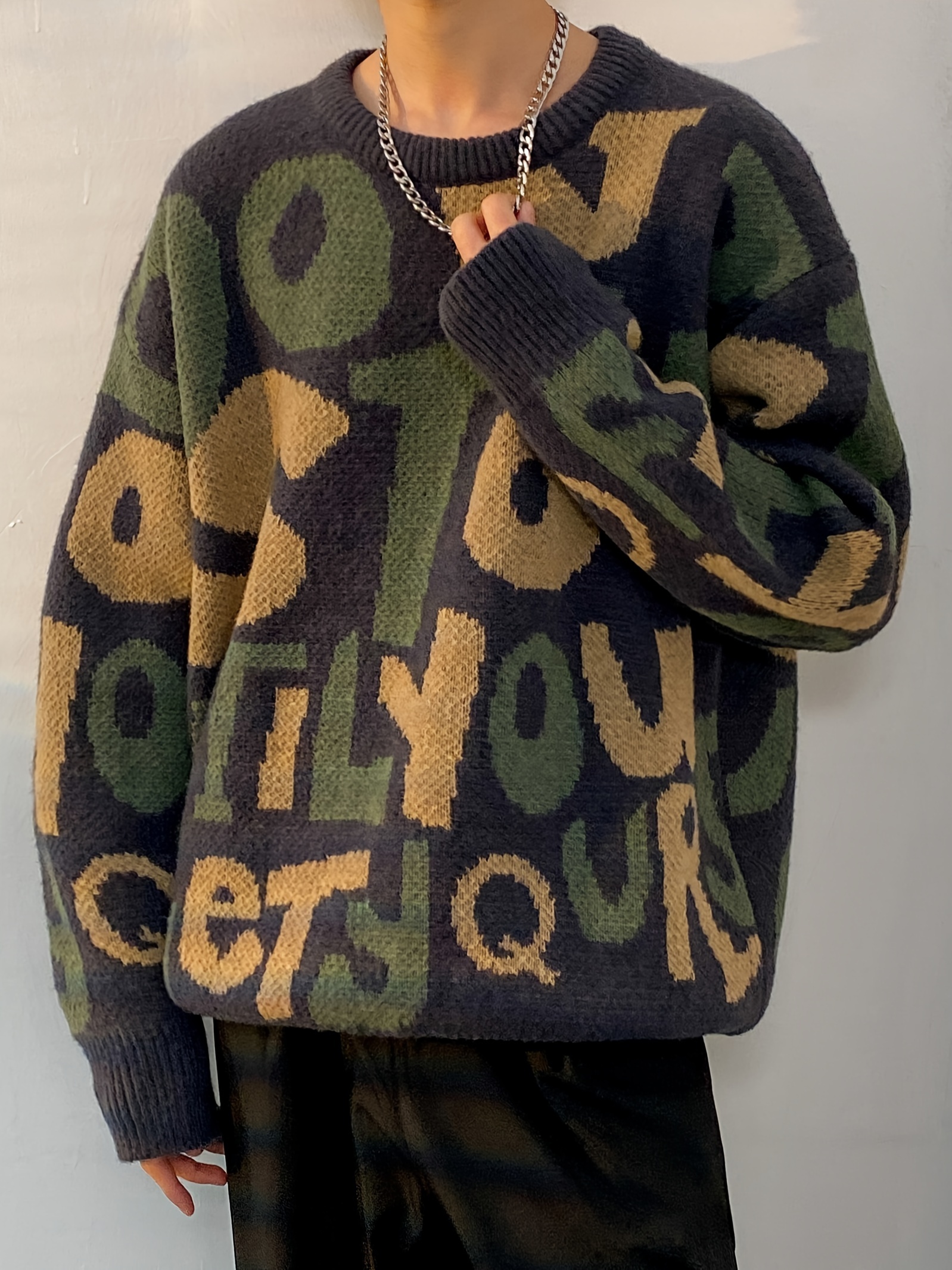 mens stylish loose alphabets pattern knitted sweater casual high stretch breathable long sleeve crew neck top for city walk street hanging outdoor activities details 15