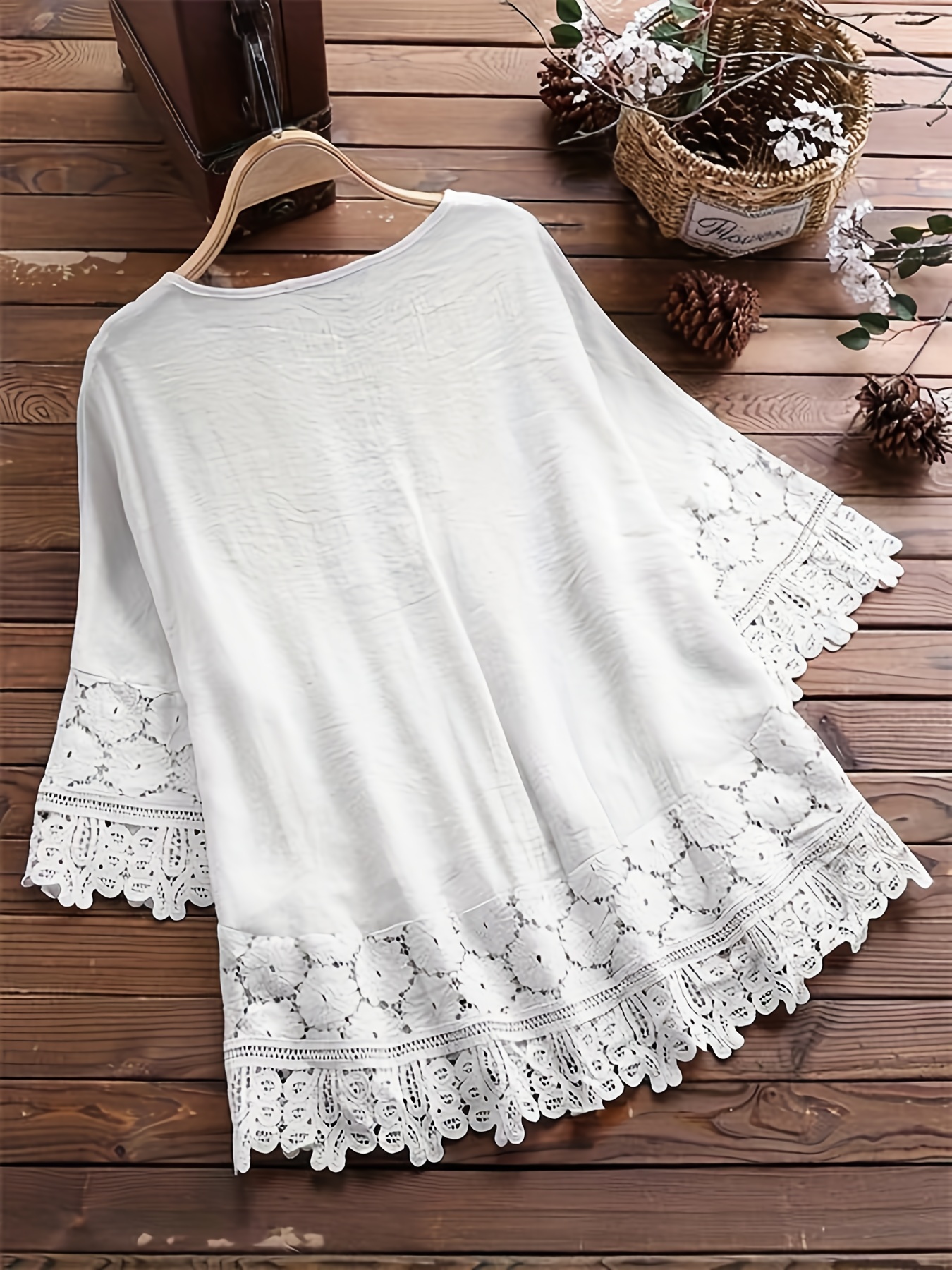 plus size elegant blouse womens plus floral appliques contrast guipure lace short sleeve tie neck top details 9
