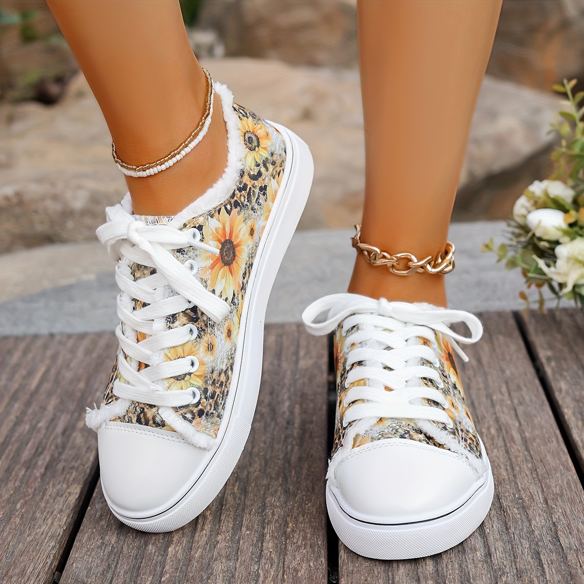 low top canvas sneakers women s casual sunflower print details 0