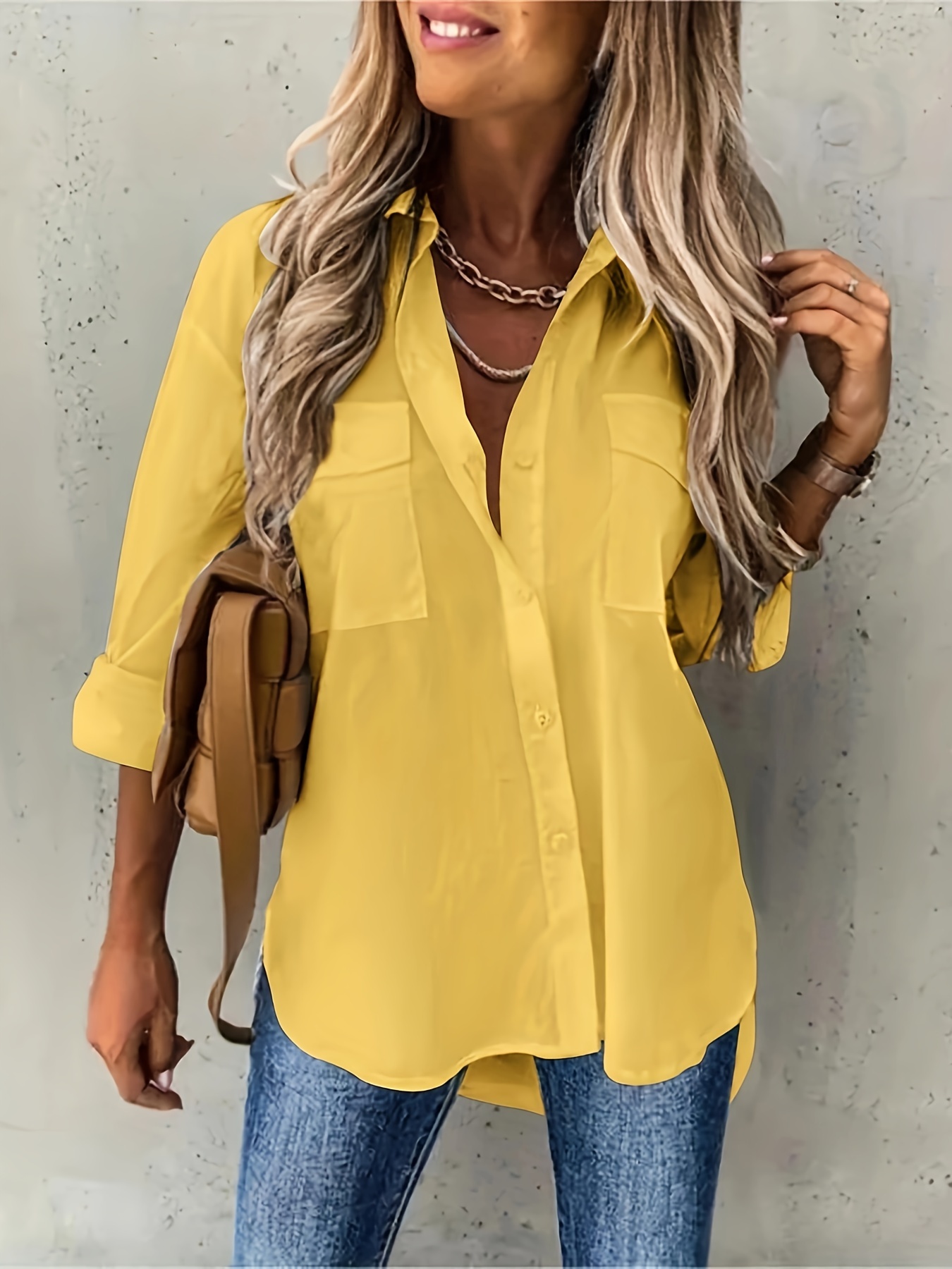 plus size casual blouse womens plus solid long sleeve lapel collar button up shirt top with flap pockets details 4