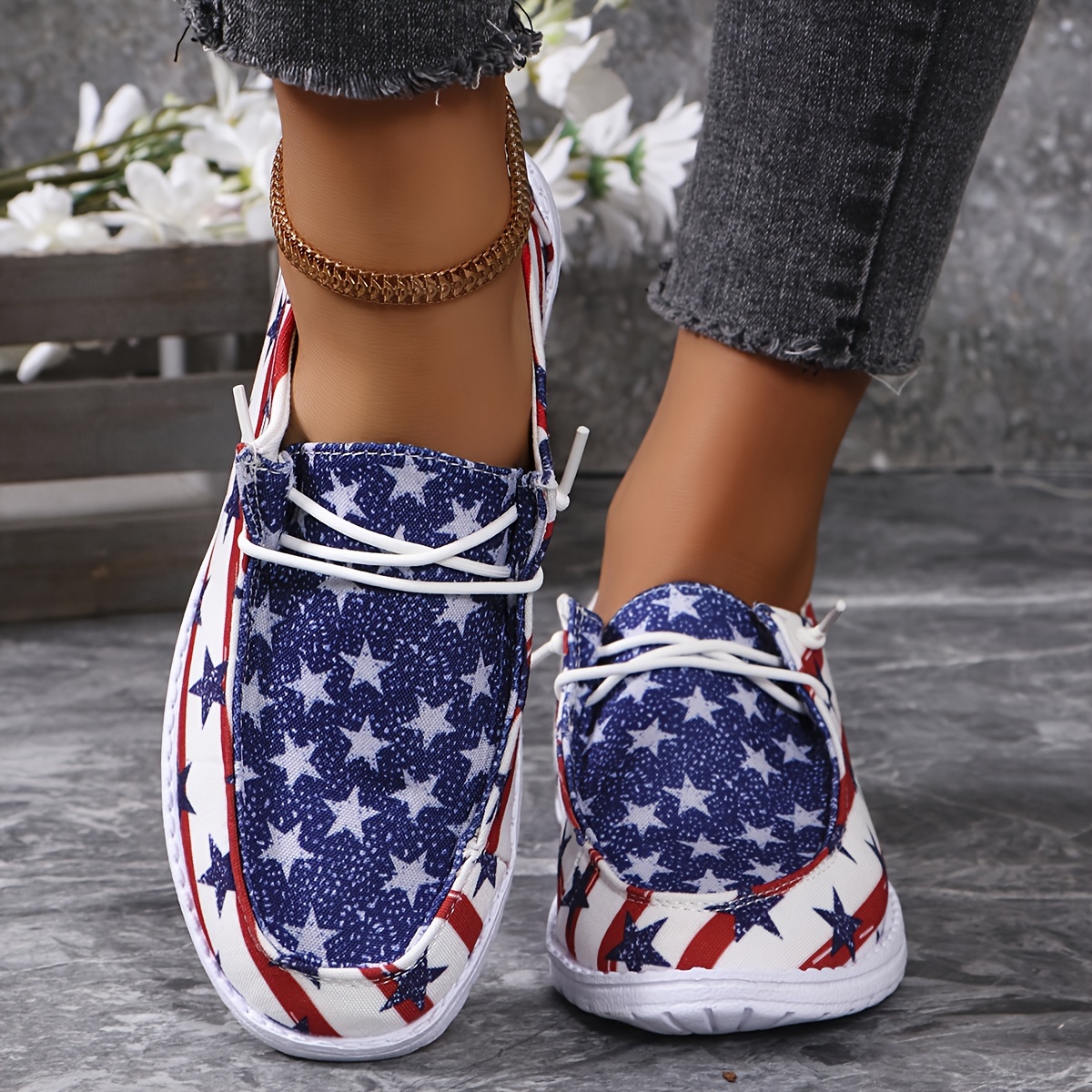 Women s Flag Print Canvas Sneakers, Platform Slip On Soft Sole Walking Shoes, Low-top Comfort Daily Wear details 3