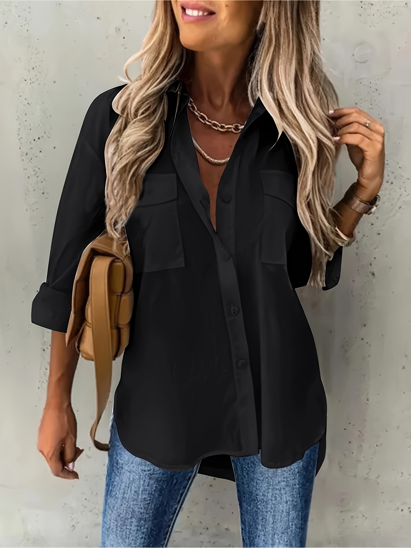 plus size casual blouse womens plus solid long sleeve lapel collar button up shirt top with flap pockets details 12