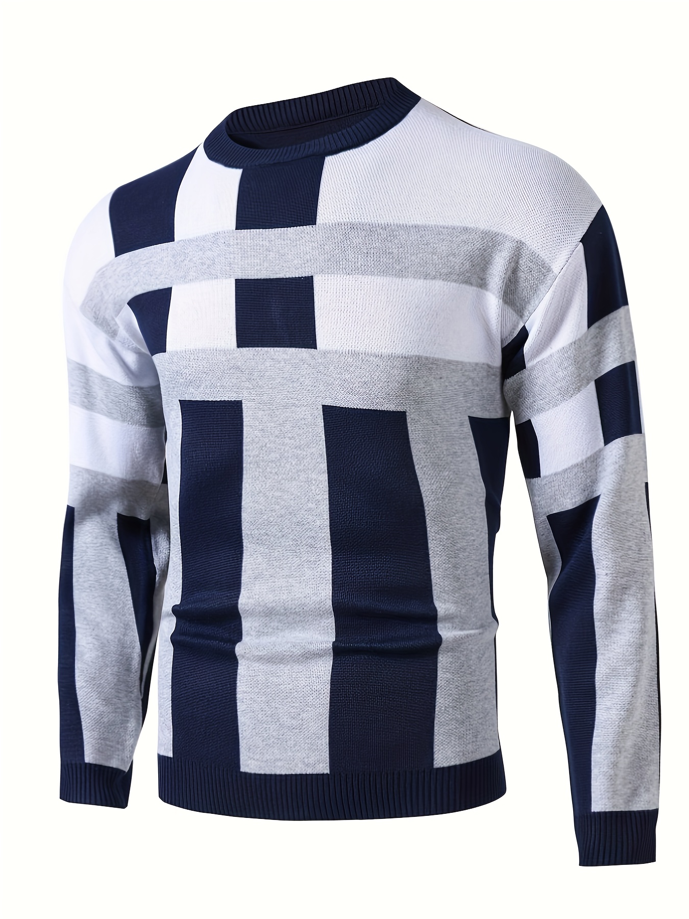 mens color block round neck sweater trendy stretch warm pullover for winter outdoor details 12