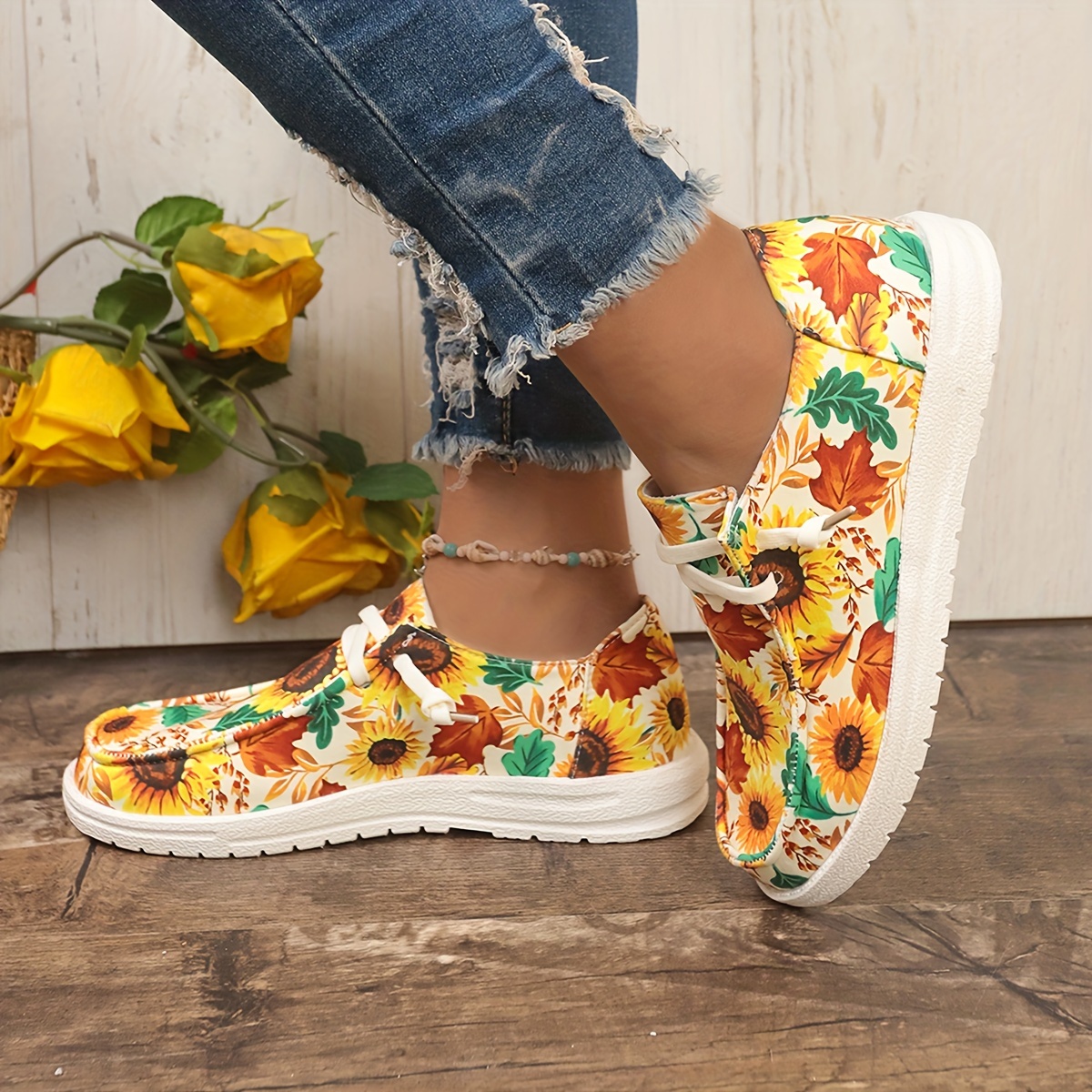 sunflower pattern canvas shoes women s casual round toe low details 4