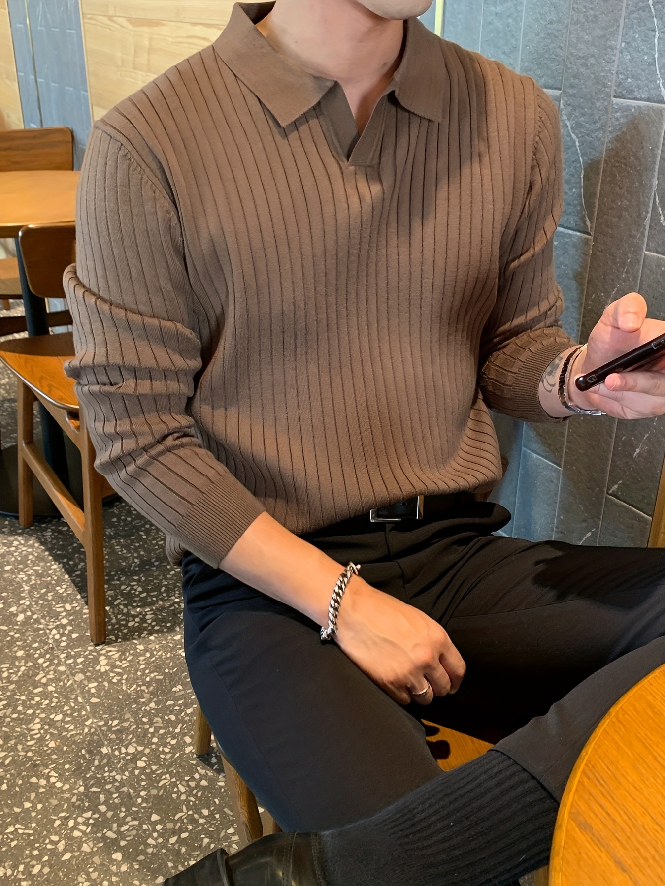 chic knit shirt mens casual stylish lapel middle stretch v neck pullover sweater for winter autumn details 2