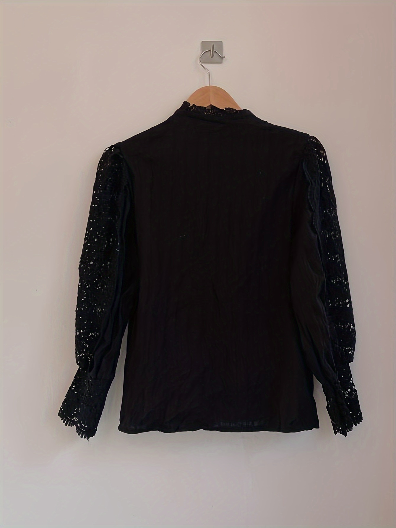 Plus Size Floral Pattern Hollow Out Blouse, Elegant Mock Neck Button Front Long Sleeve Blouse For Spring & Fall, Women s Plus Size Clothing details 11