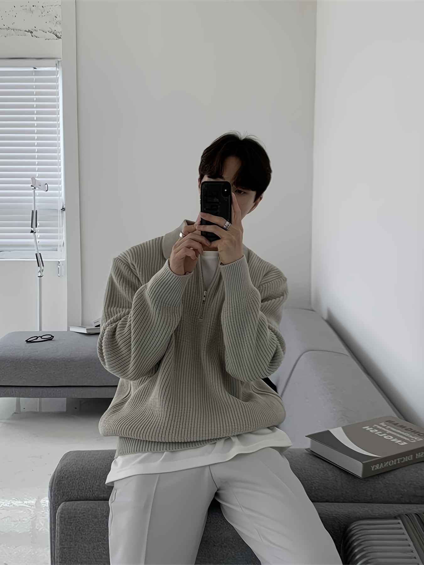 mens stylish solid knitted shirt casual slightly stretch breathable lapel zip up long sleeve shirt top for city walk street hanging details 13