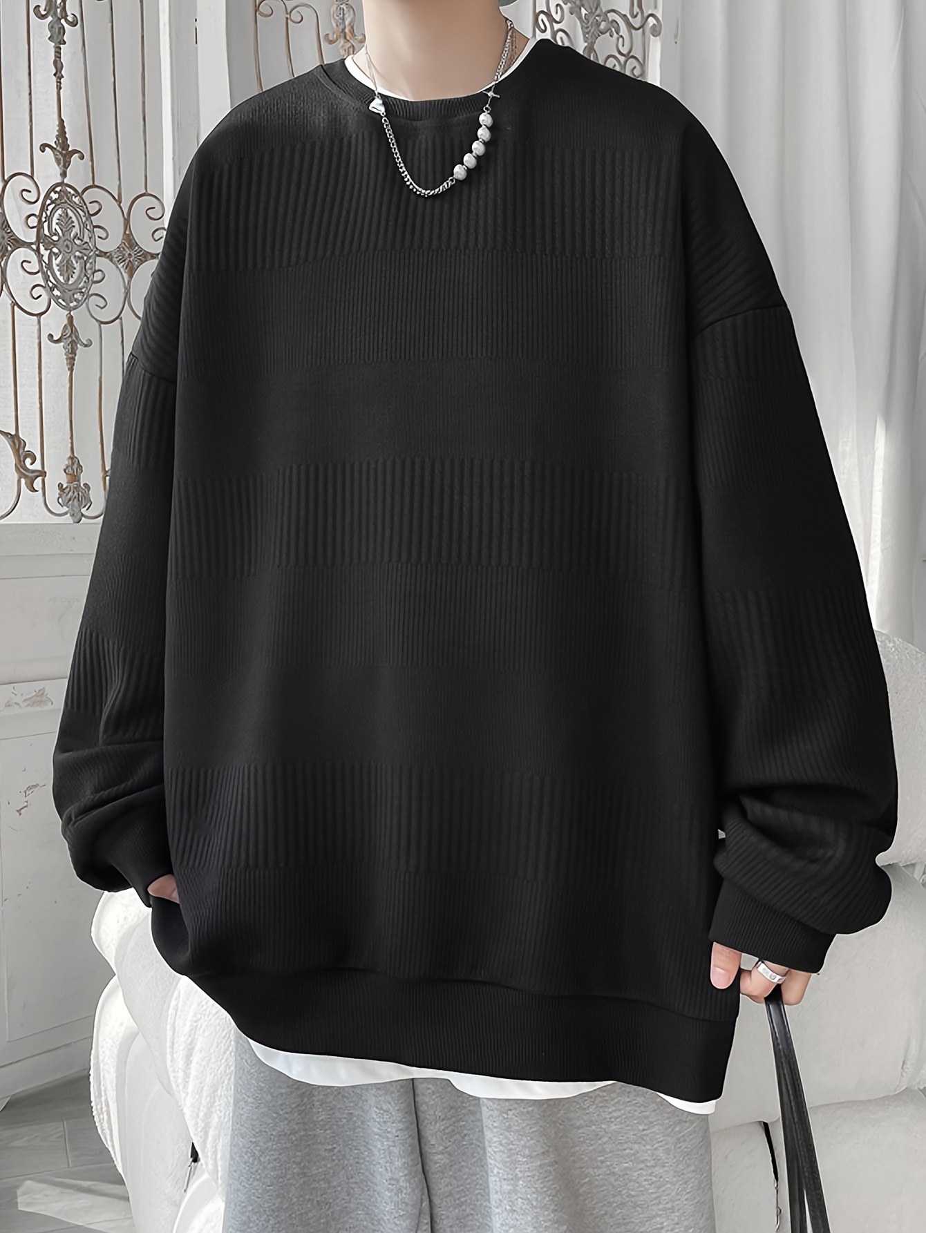 mens solid knitted pullover casual breathable long sleeve crew neck top for outdoor activities details 7