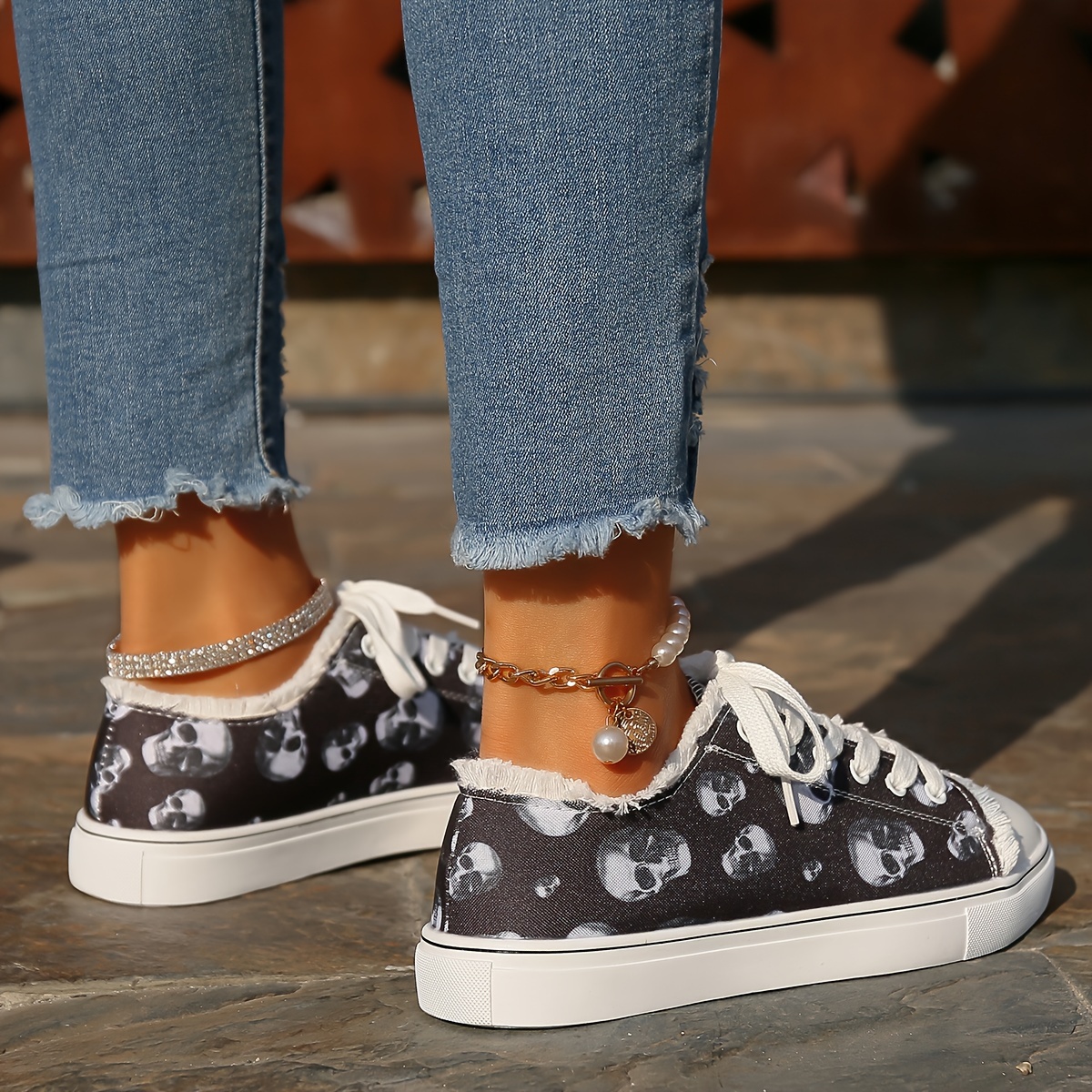 flat canvas sneakers women s halloween skull print low top details 1