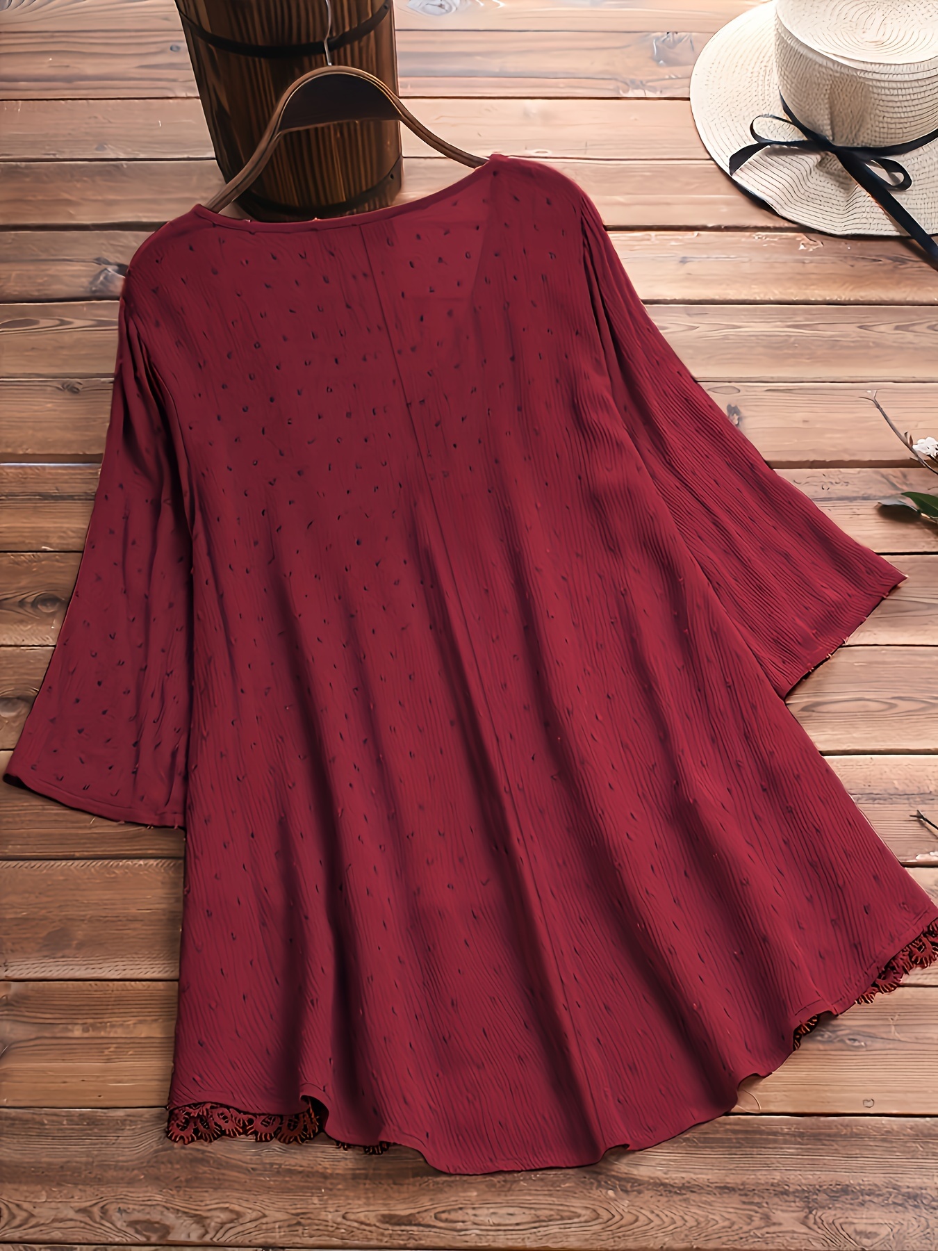 plus size hollow out button decor v neck 3 4 sleeve blouse womens plus ruffle hem casual blouse details 7