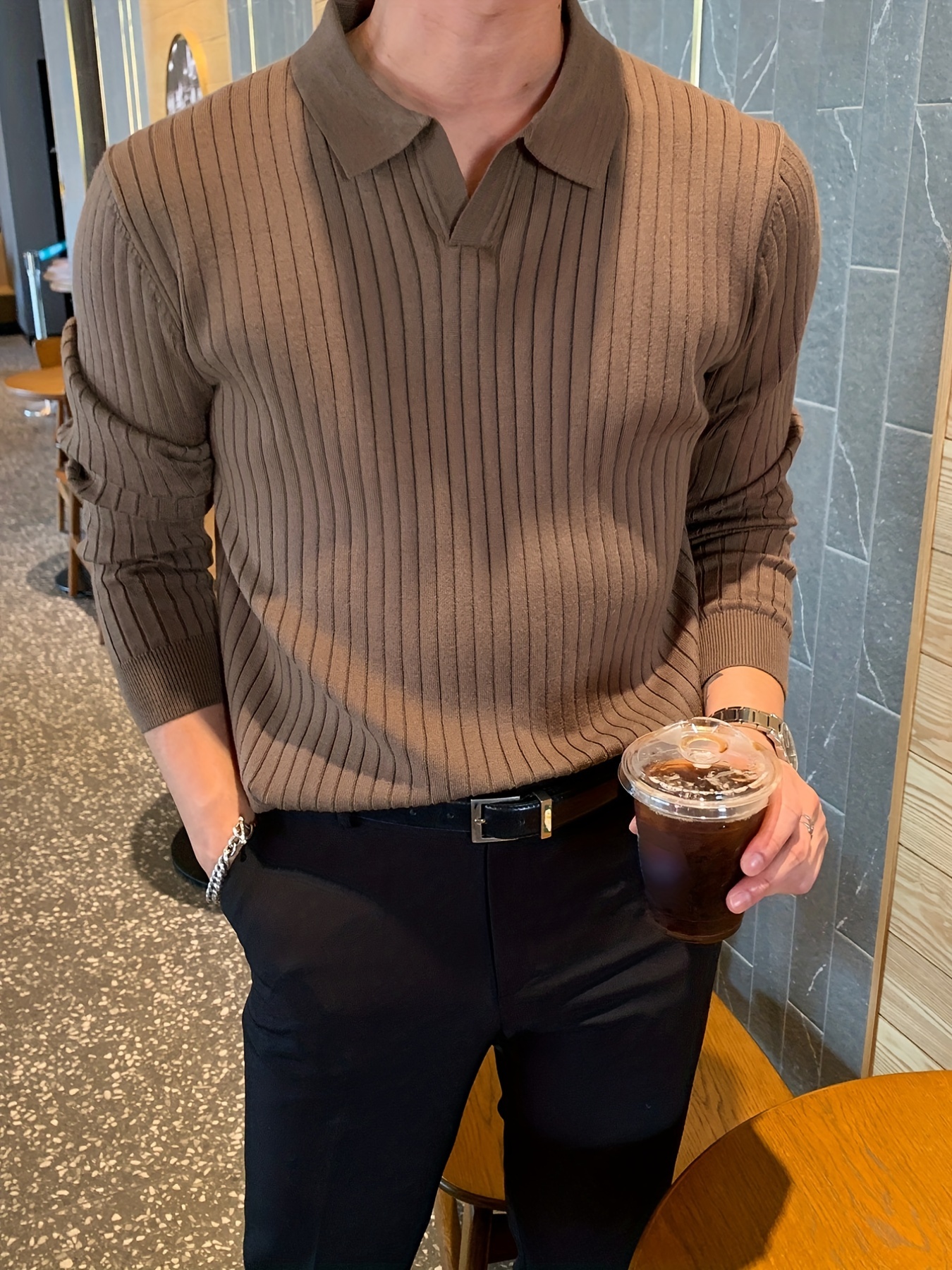 chic knit shirt mens casual stylish lapel middle stretch v neck pullover sweater for winter autumn details 0