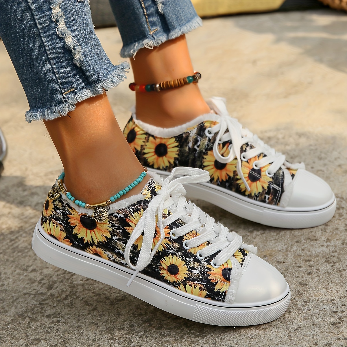 print canvas sneakers women s sunflowers casual lace low top details 1