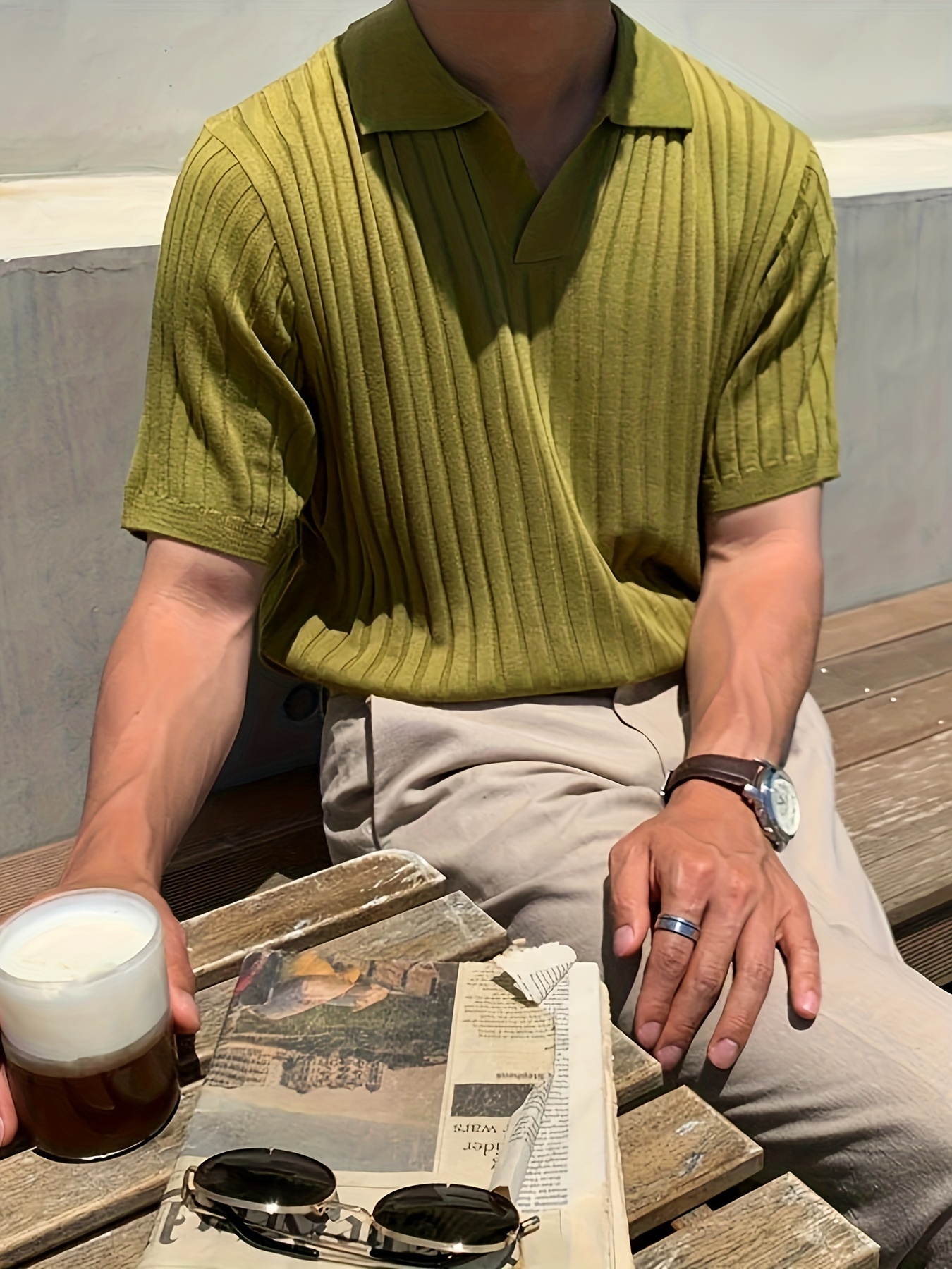 mens stripe pattern sweater casual breathable medium stretch short sleeve knitted top for summer details 21