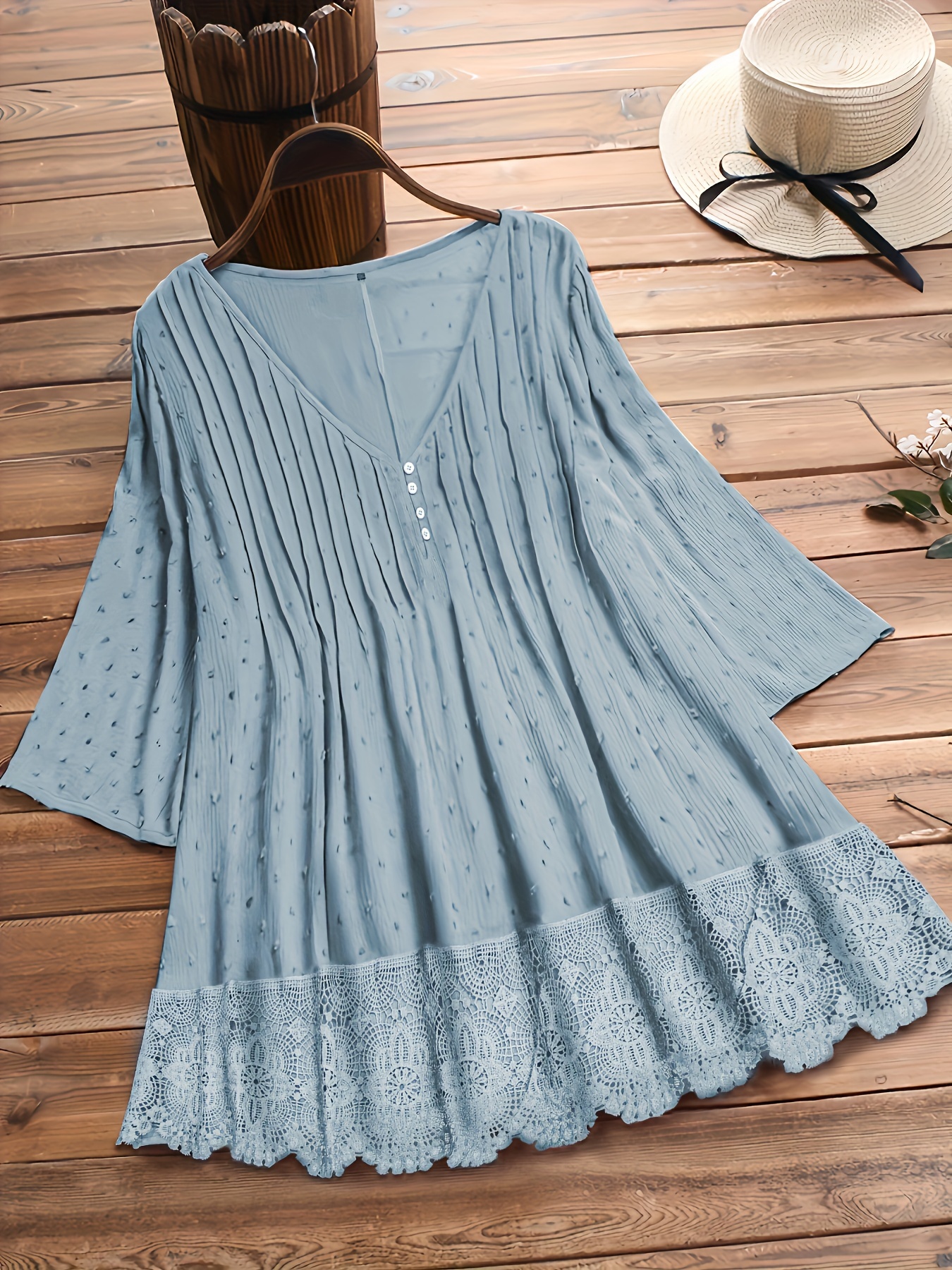 plus size hollow out button decor v neck 3 4 sleeve blouse womens plus ruffle hem casual blouse details 0