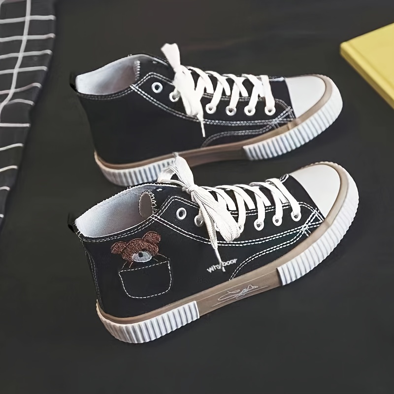 women s cute pocket bear pattern canvas shoes casual high details 2