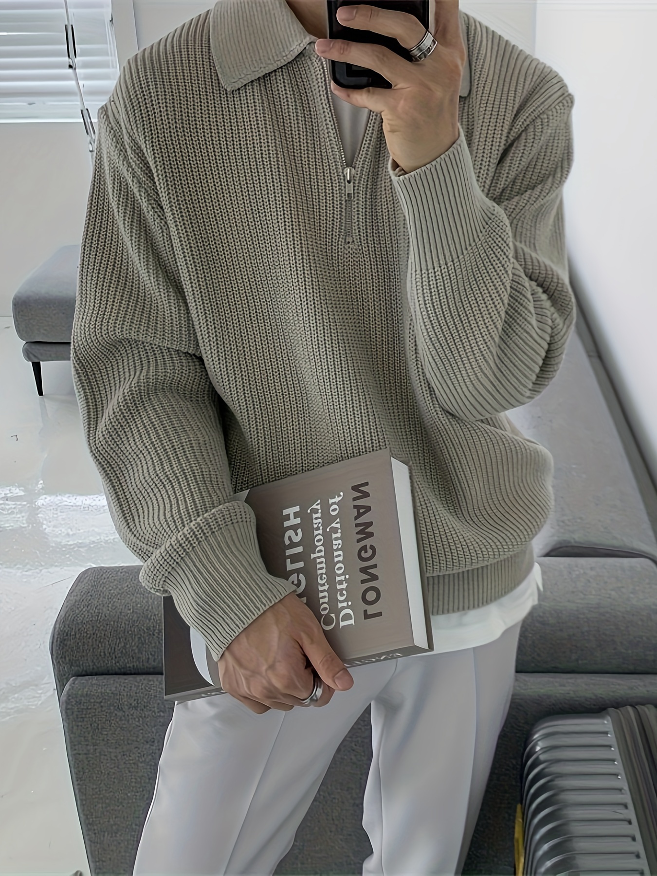 mens stylish solid knitted shirt casual slightly stretch breathable lapel zip up long sleeve shirt top for city walk street hanging details 11