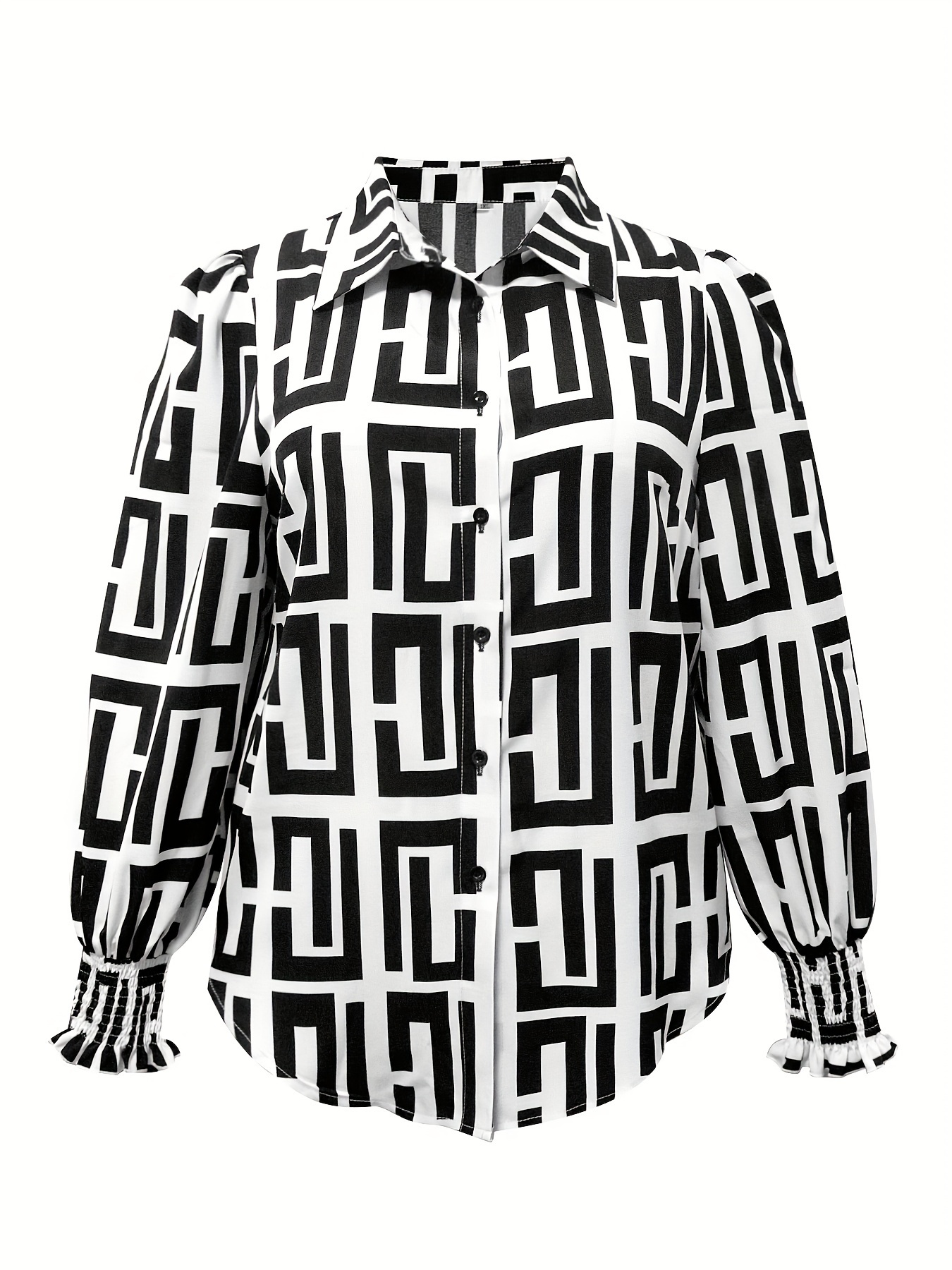 plus size elegant blouse womens plus geometric print shirred lantern sleeve button up lapel collar shirt top details 4
