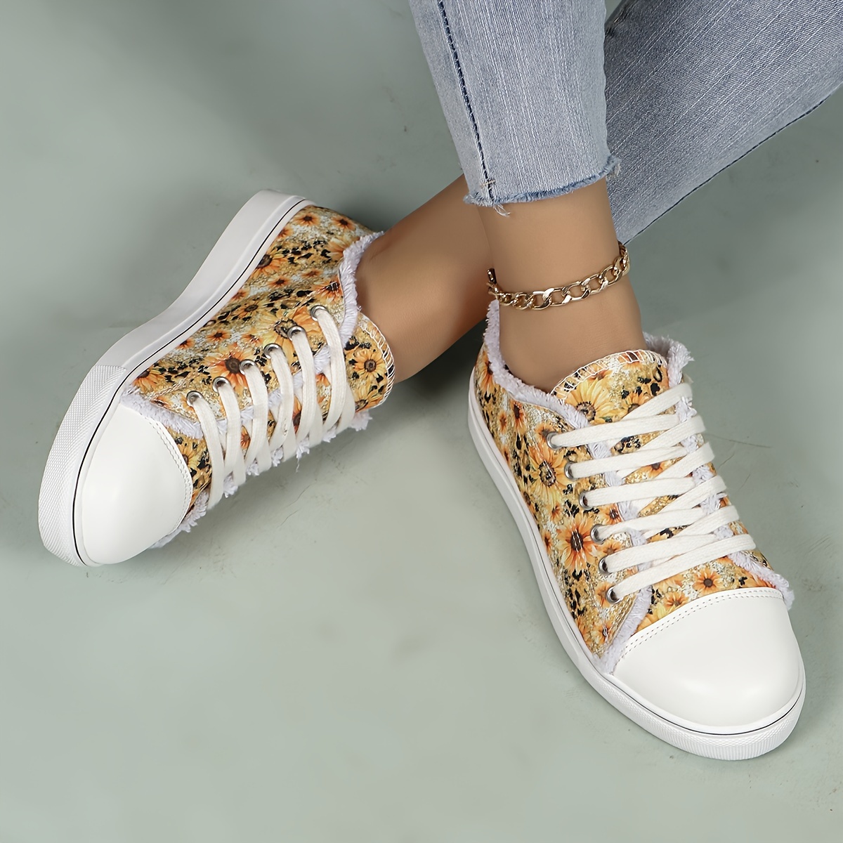 sunflower printed canvas shoes women s casual lace outdoor details 2