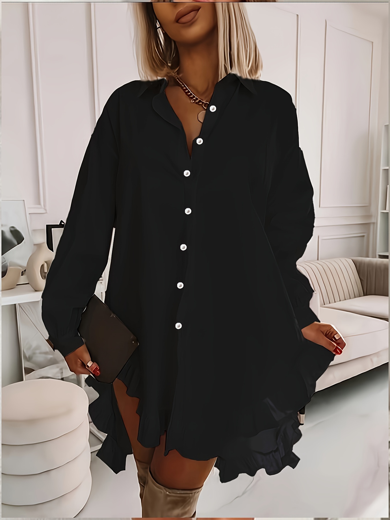 plus size ruffle solid shirt casual long sleeve button front shirt womens plus size clothing details 10