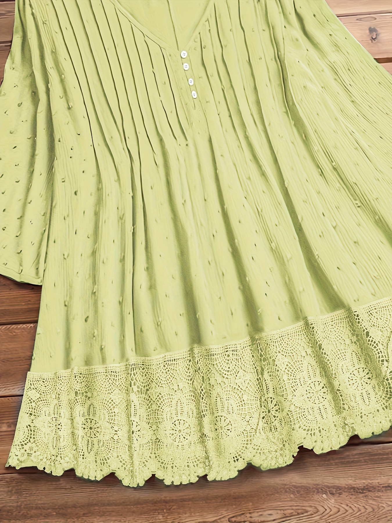 plus size hollow out button decor v neck 3 4 sleeve blouse womens plus ruffle hem casual blouse details 14