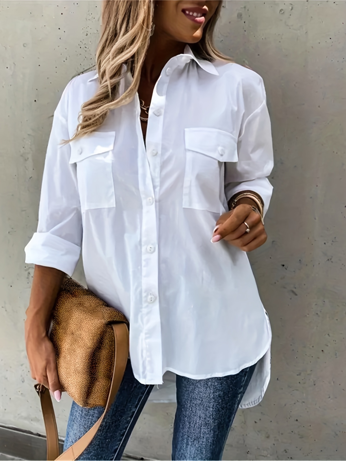 plus size casual blouse womens plus solid long sleeve lapel collar button up shirt top with flap pockets details 16