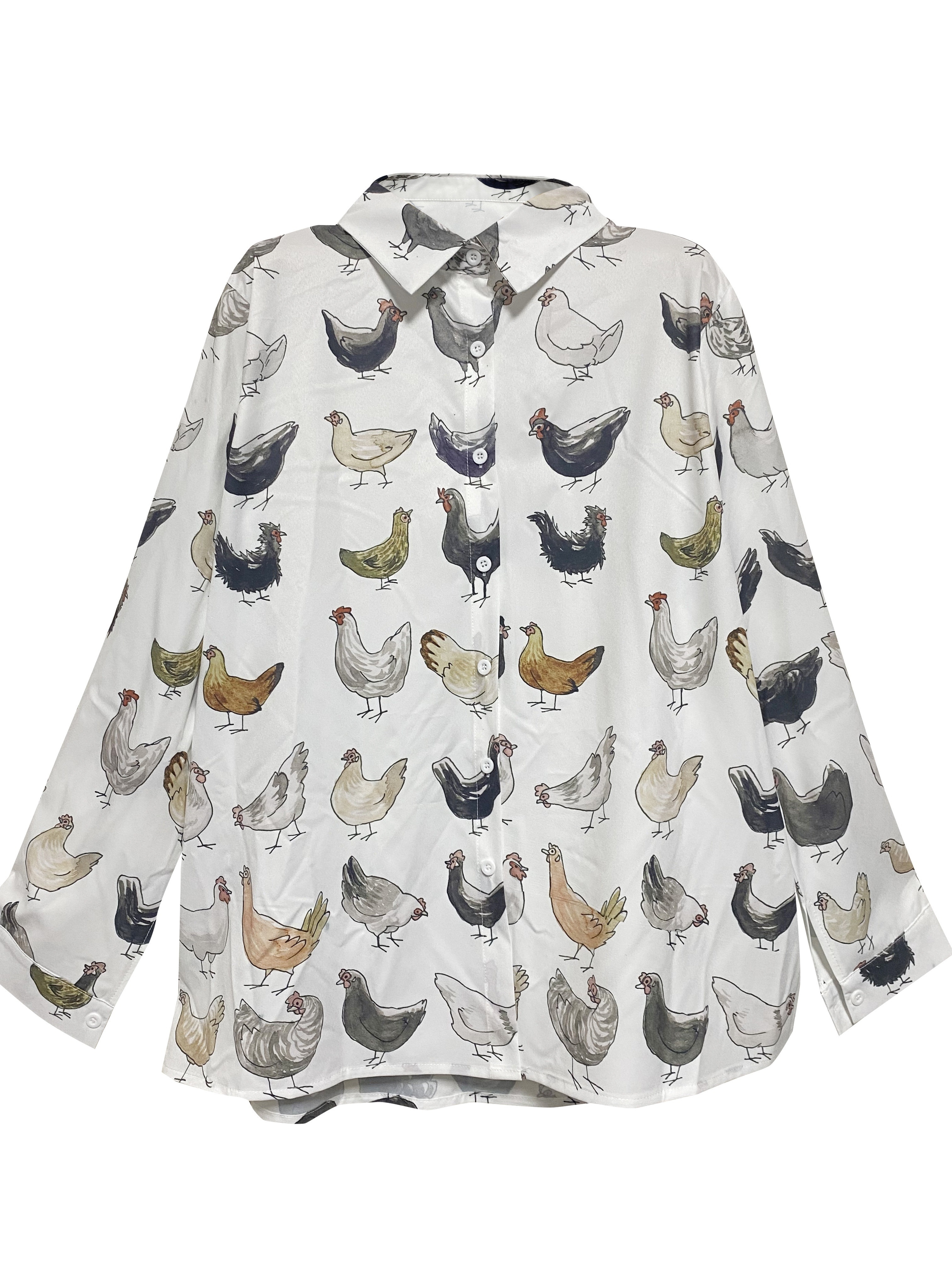 womens casual blouse plus size chicken print button up long sleeve turn down collar blouse details 0