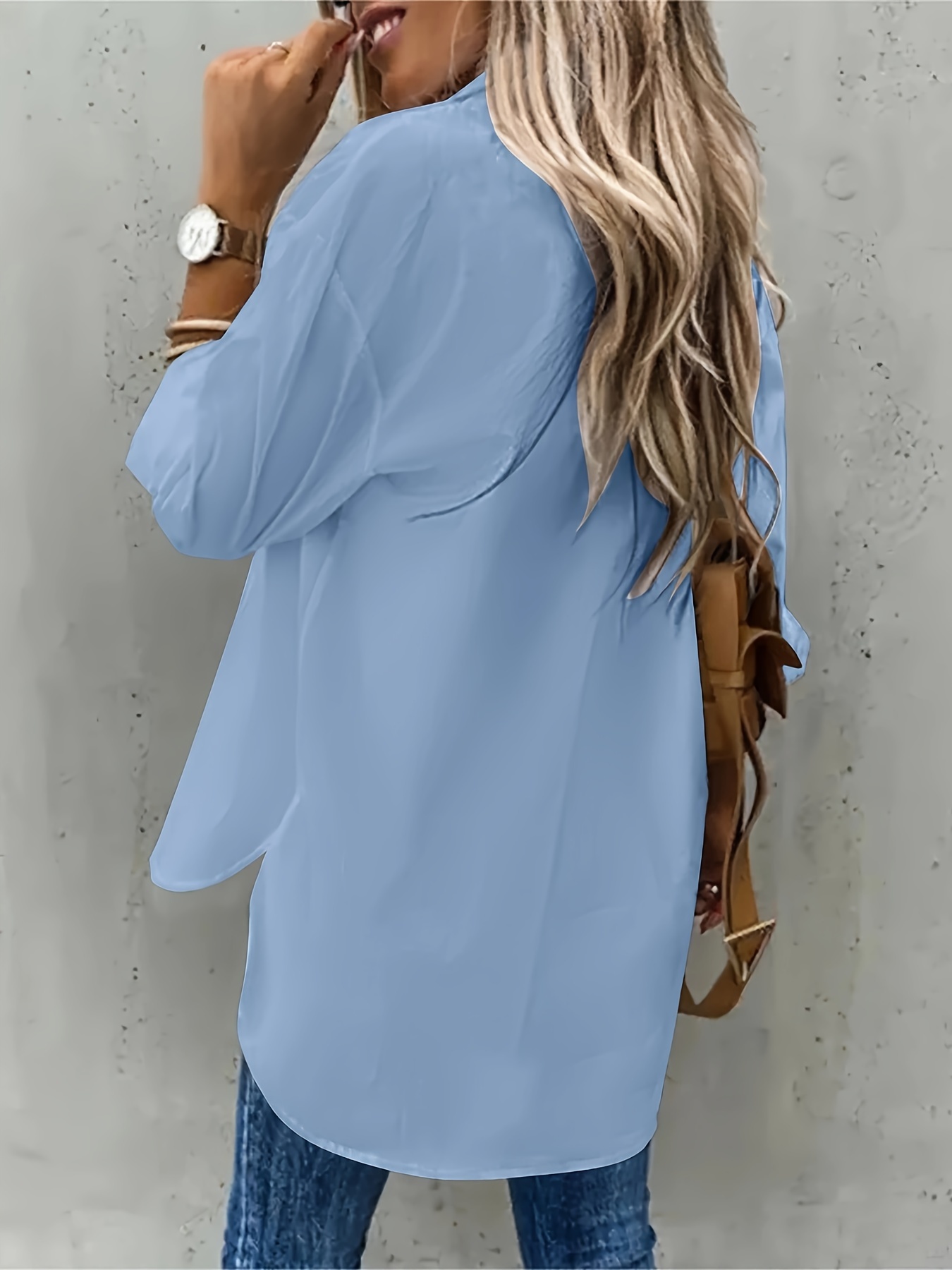 plus size casual blouse womens plus solid long sleeve lapel collar button up shirt top with flap pockets details 2