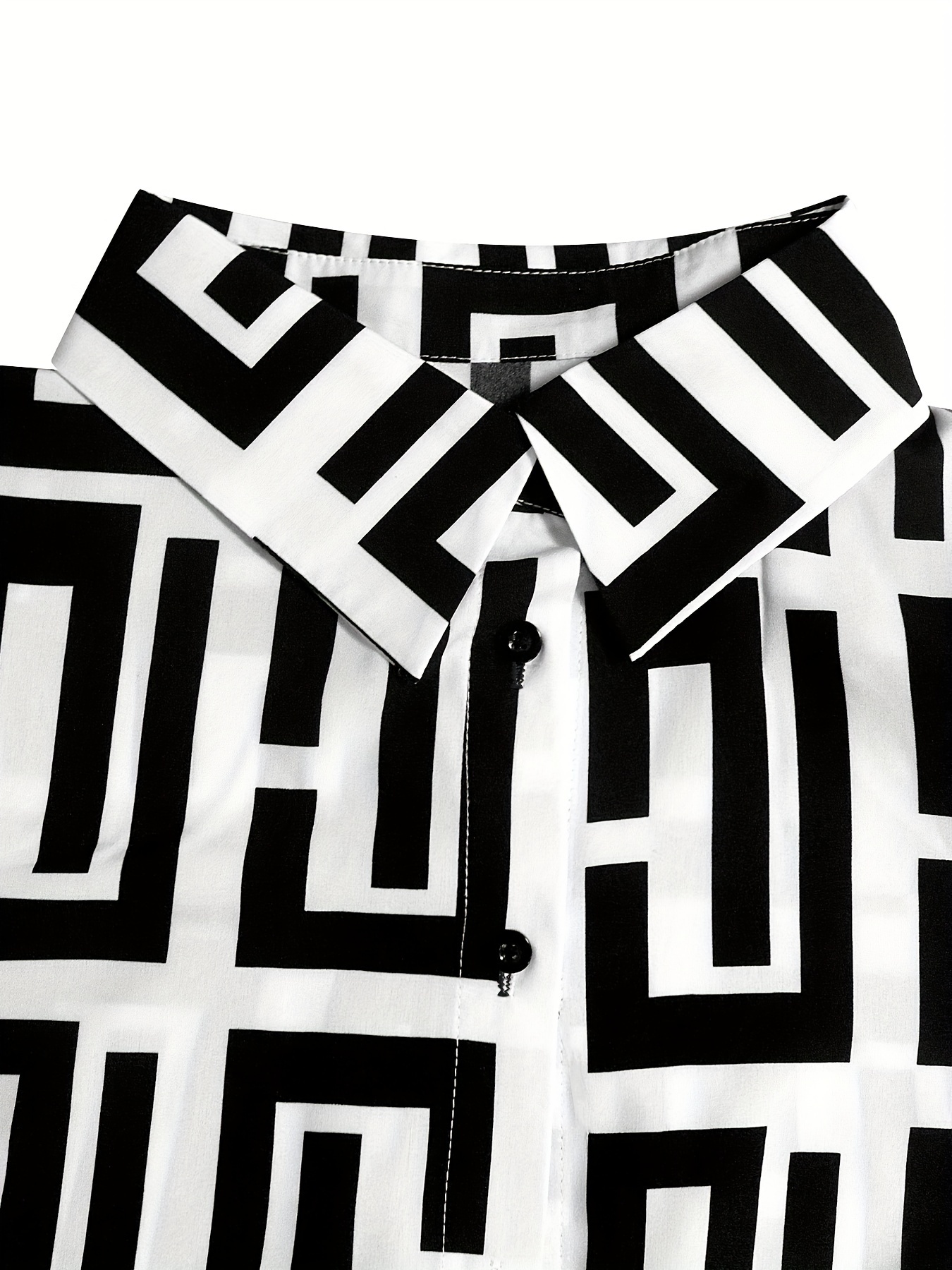 plus size elegant blouse womens plus geometric print shirred lantern sleeve button up lapel collar shirt top details 1