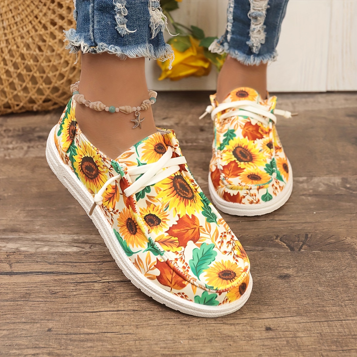 sunflower pattern canvas shoes women s casual round toe low details 1