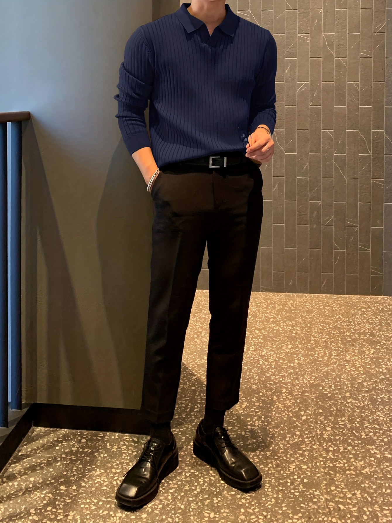 chic knit shirt mens casual stylish lapel middle stretch v neck pullover sweater for winter autumn details 12