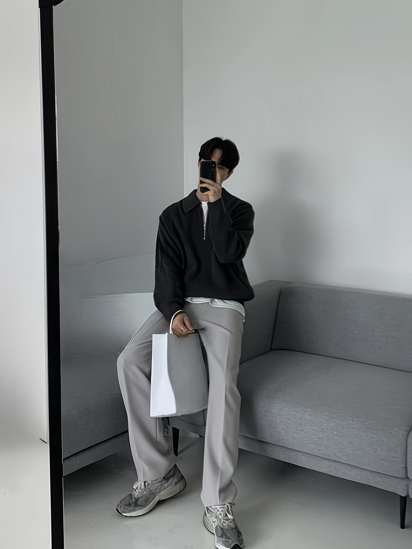 mens stylish solid knitted shirt casual slightly stretch breathable lapel zip up long sleeve shirt top for city walk street hanging details 16