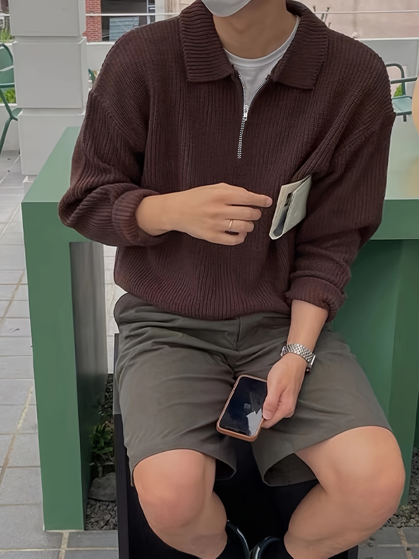 mens stylish solid knitted shirt casual slightly stretch breathable lapel zip up long sleeve shirt top for city walk street hanging details 5