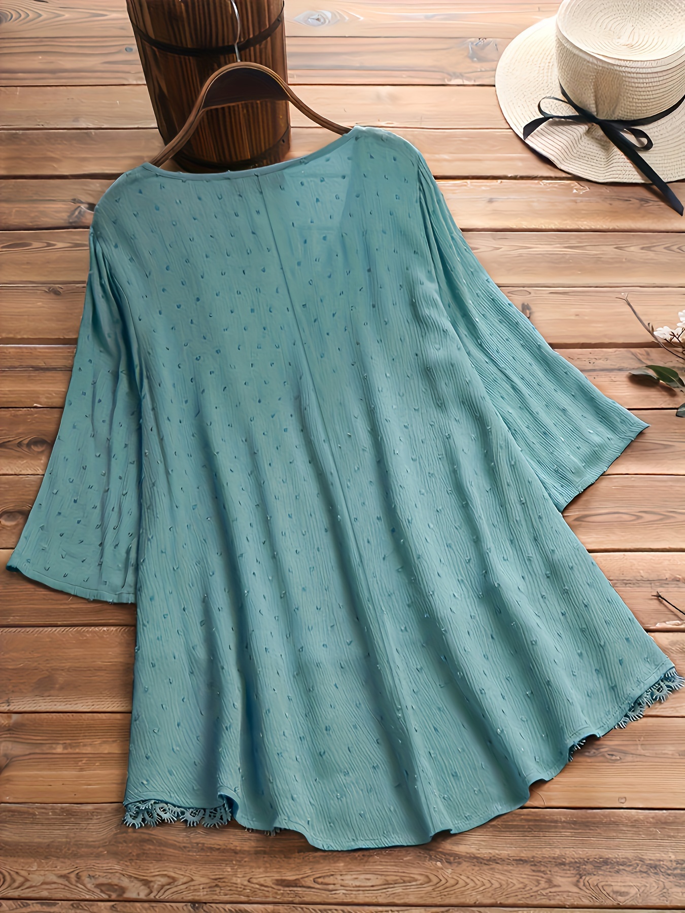 plus size hollow out button decor v neck 3 4 sleeve blouse womens plus ruffle hem casual blouse details 16