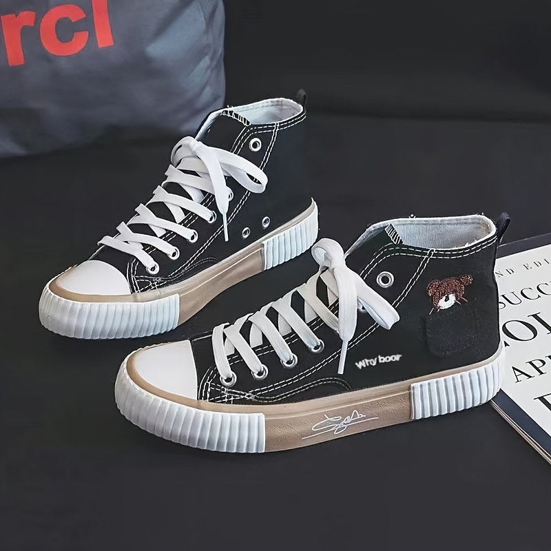 women s cute pocket bear pattern canvas shoes casual high details 1
