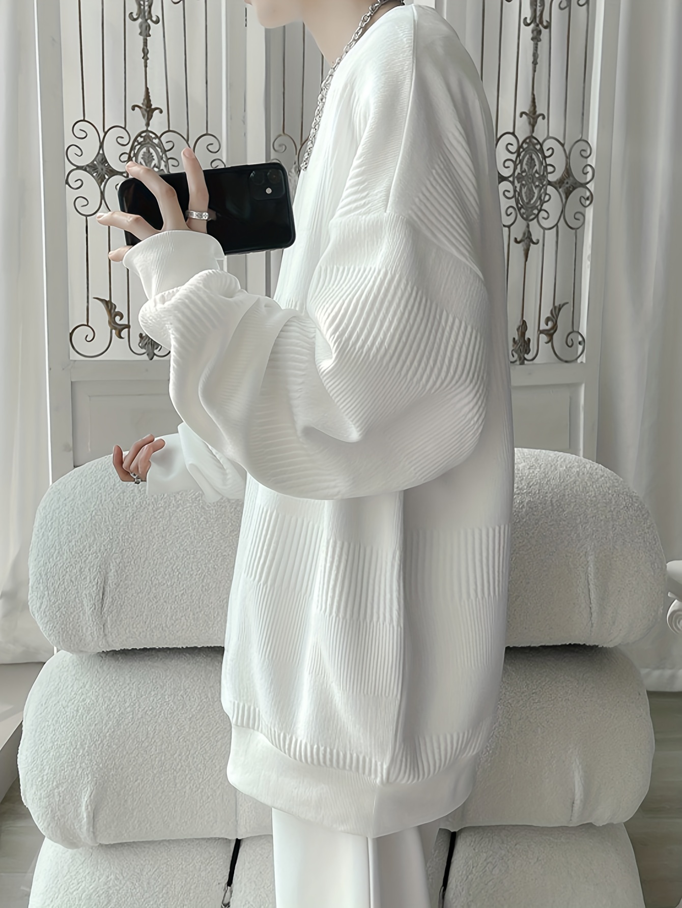 mens solid knitted pullover casual breathable long sleeve crew neck top for outdoor activities details 1