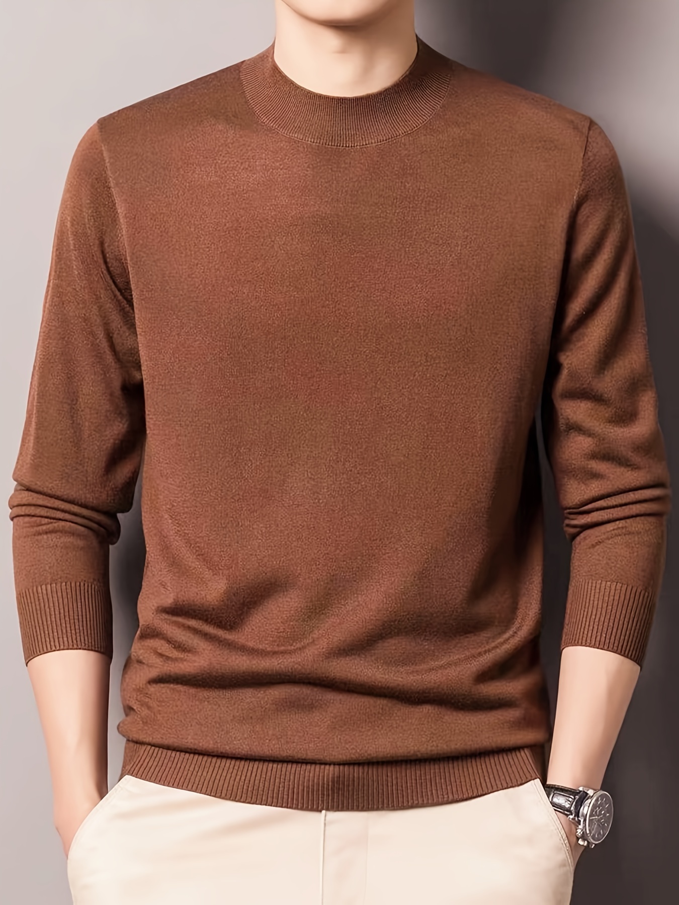 all match knitted solid sweater mens casual warm slightly stretch crew neck pullover sweater for men fall winter details 0