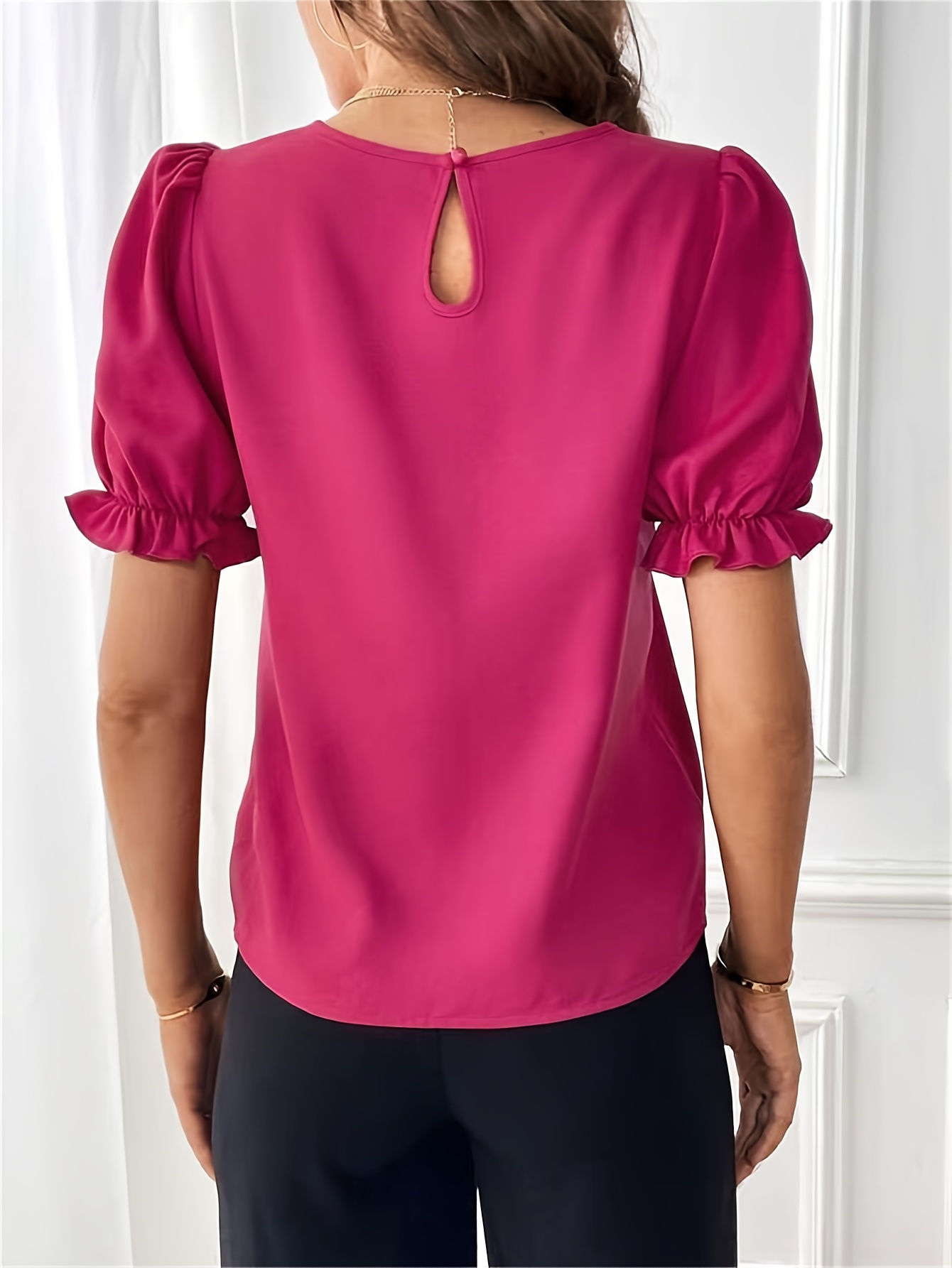 solid crew neck blouse elegant puf sleeve top for spring summer womens clothing details 9