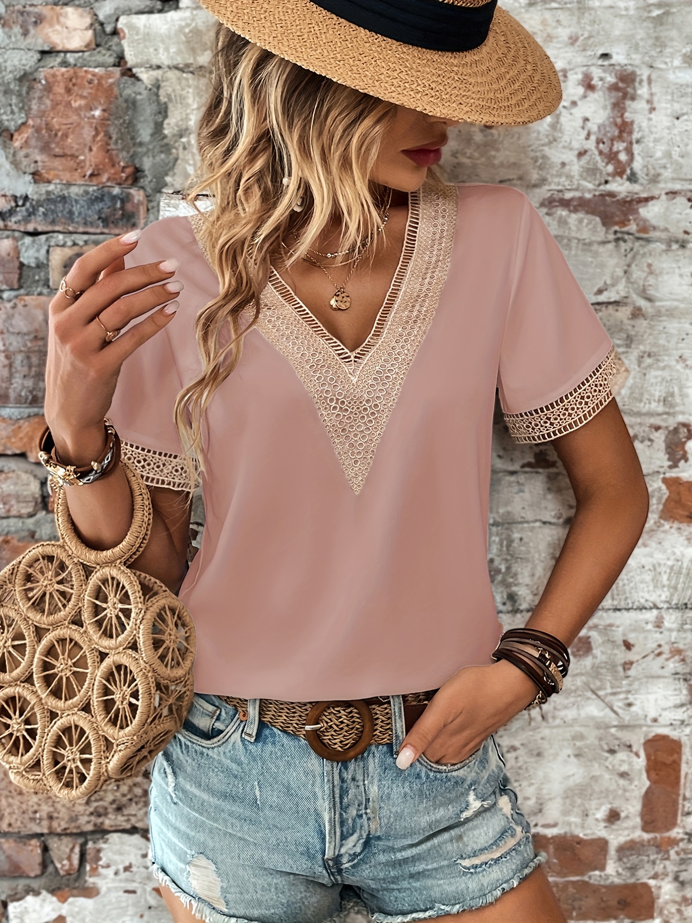 lace stitching deep v neck blouses casual loose short sleeve fashion shirts tops womens clothing details 0