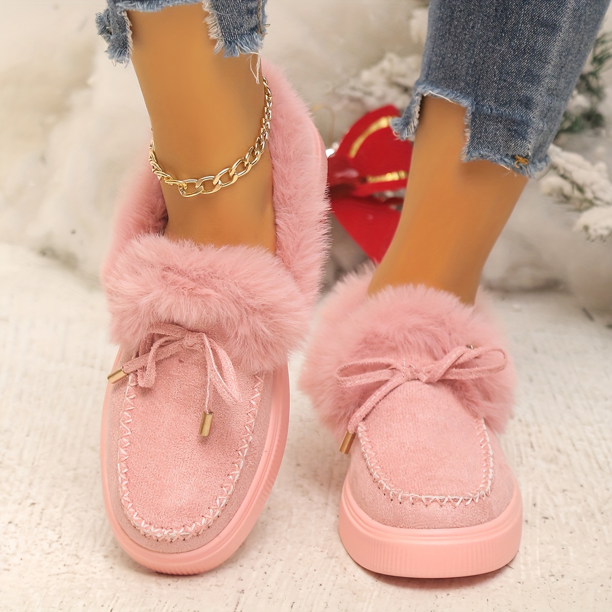 womens fluffy furry snow boots solid color bowknot plush lined ankle boots winter warm flat fuzzy short boots details 5