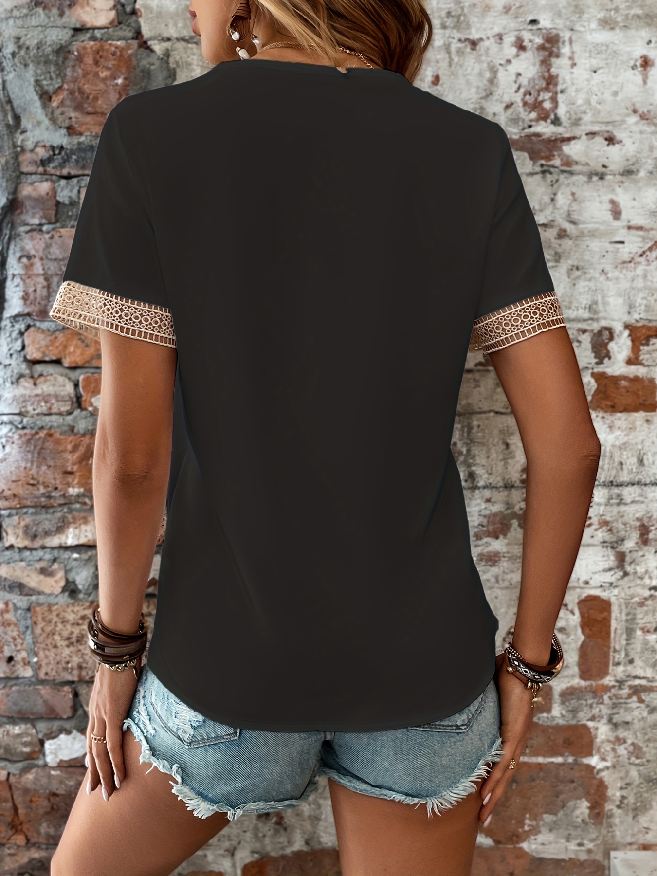 lace stitching deep v neck blouses casual loose short sleeve fashion shirts tops womens clothing details 6