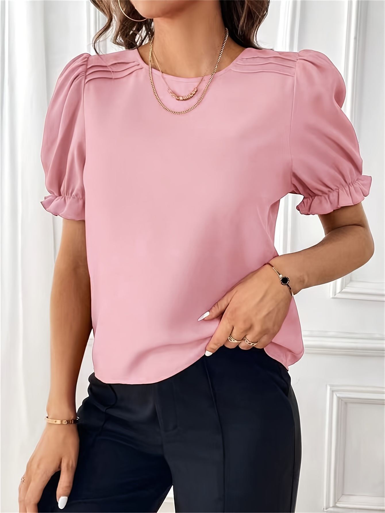 solid crew neck blouse elegant puf sleeve top for spring summer womens clothing details 34